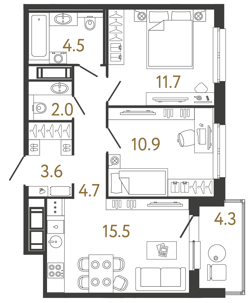 Двухкомнатная квартира 52.9 м²