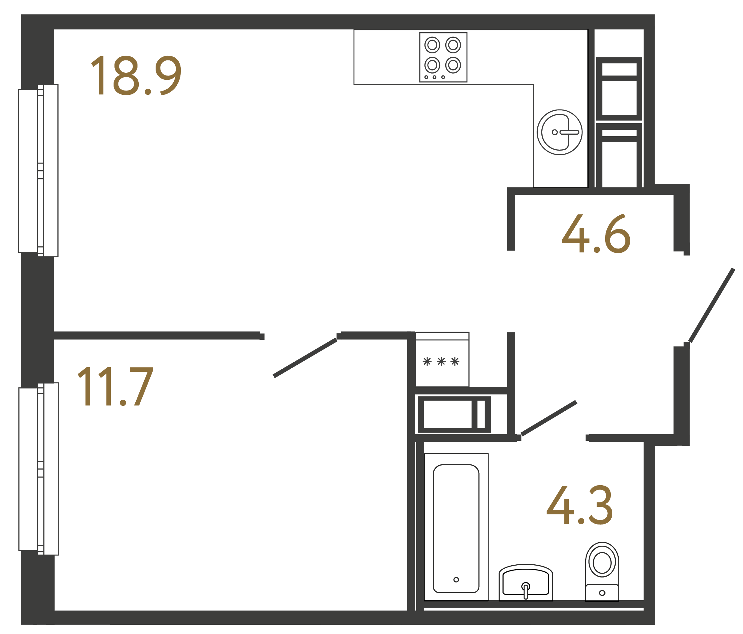 Однокомнатная квартира 39.5 м²