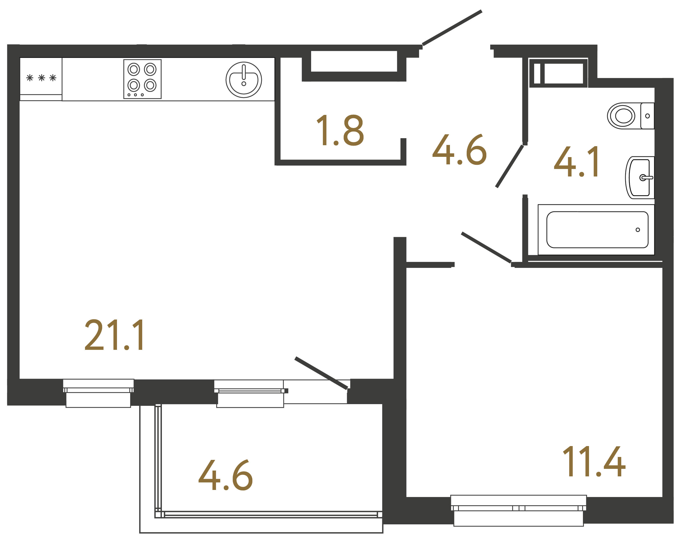 Однокомнатная квартира 43 м²