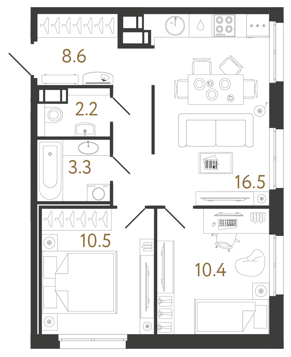 Двухкомнатная квартира 51.5 м²