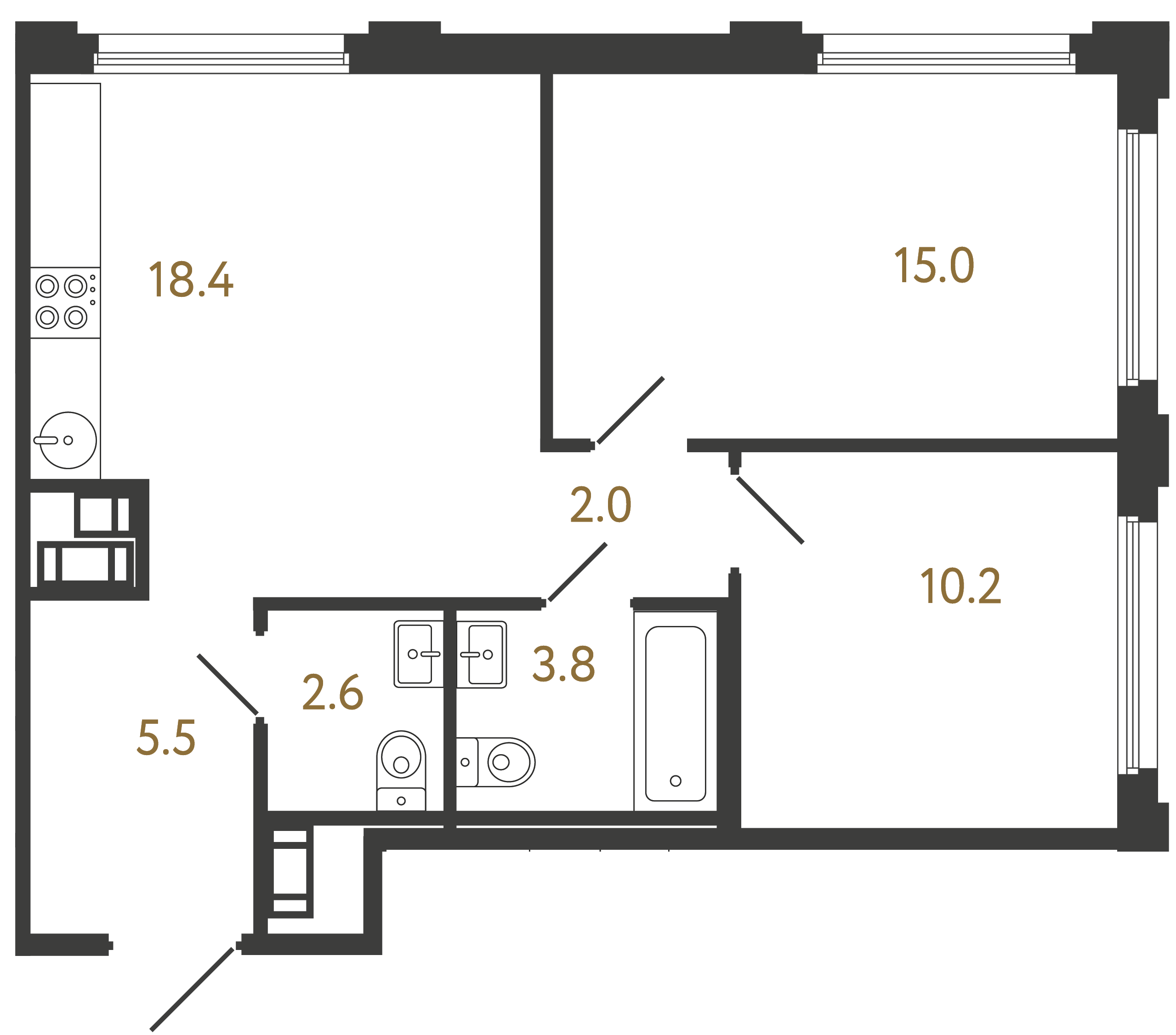 Двухкомнатная квартира 57.5 м²