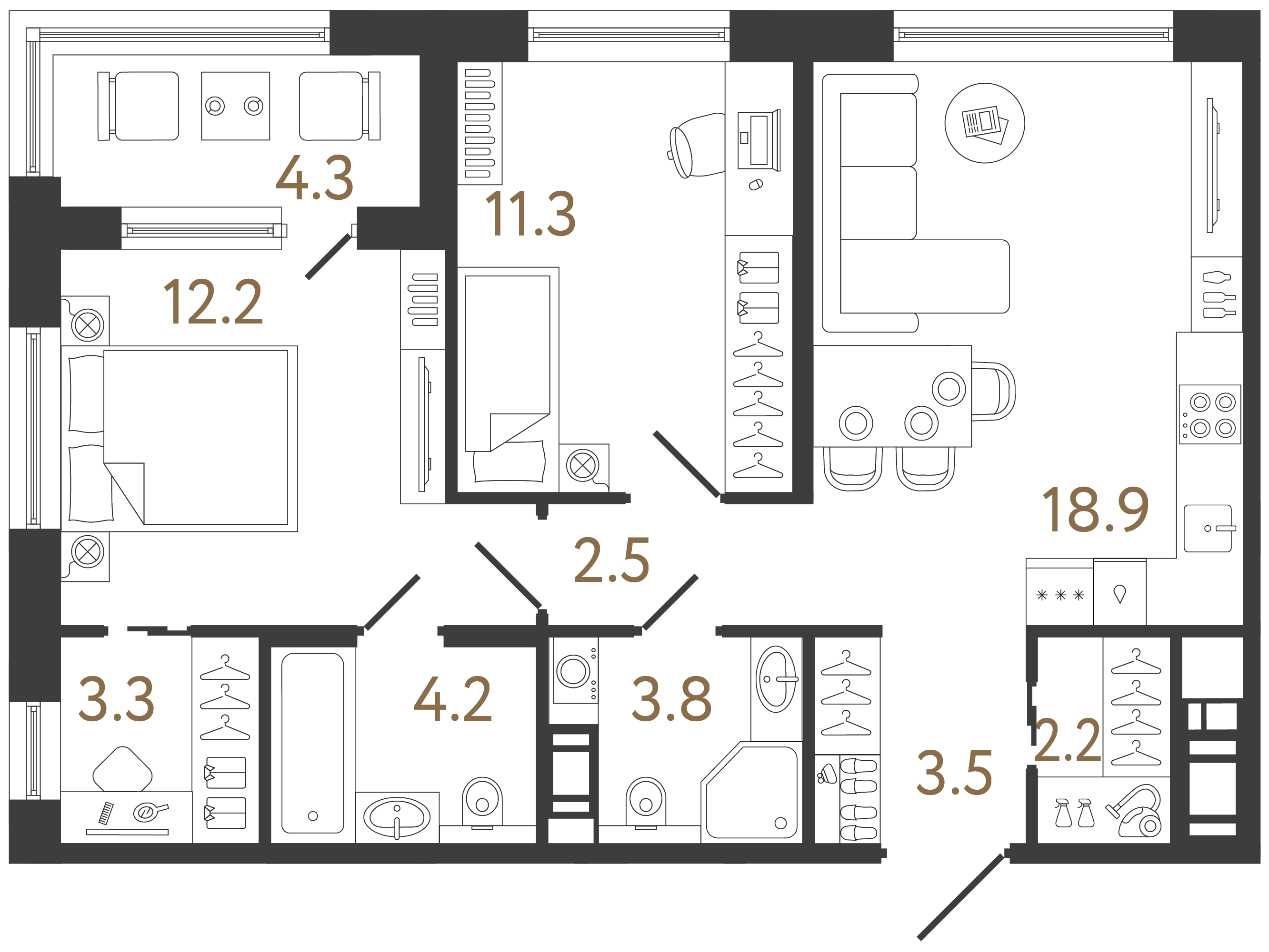 Двухкомнатная квартира 61.9 м²