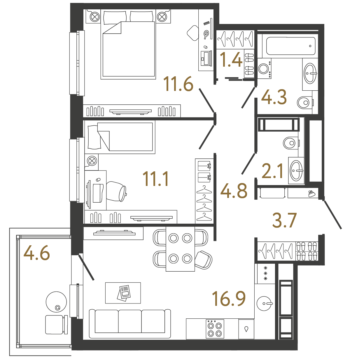 Двухкомнатная квартира 55.9 м²