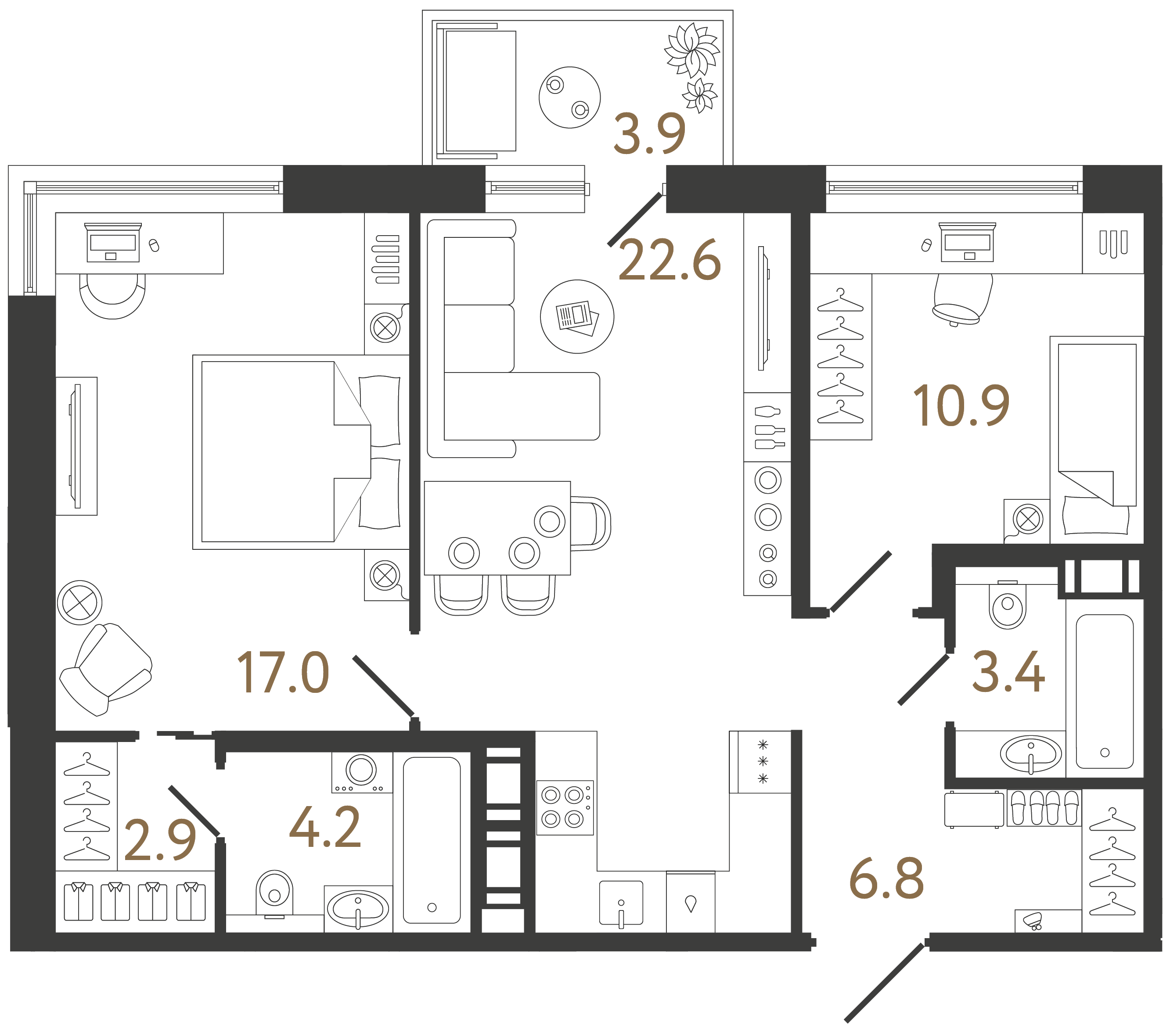 Двухкомнатная квартира 67.8 м²