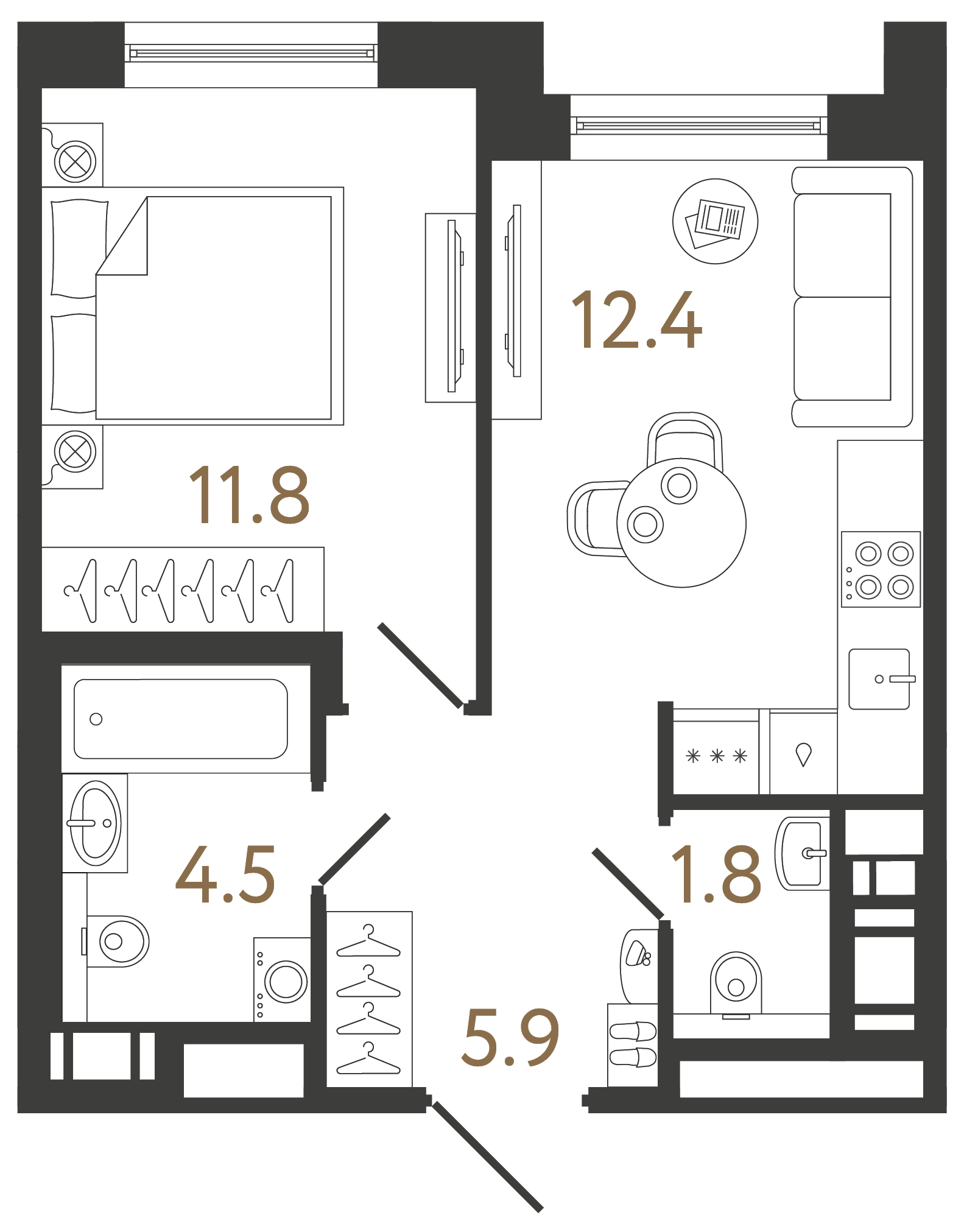 Однокомнатная квартира 36.4 м²