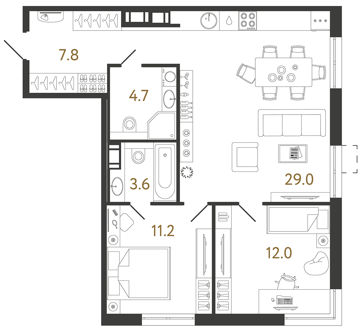 Двухкомнатная квартира 68.3 м²