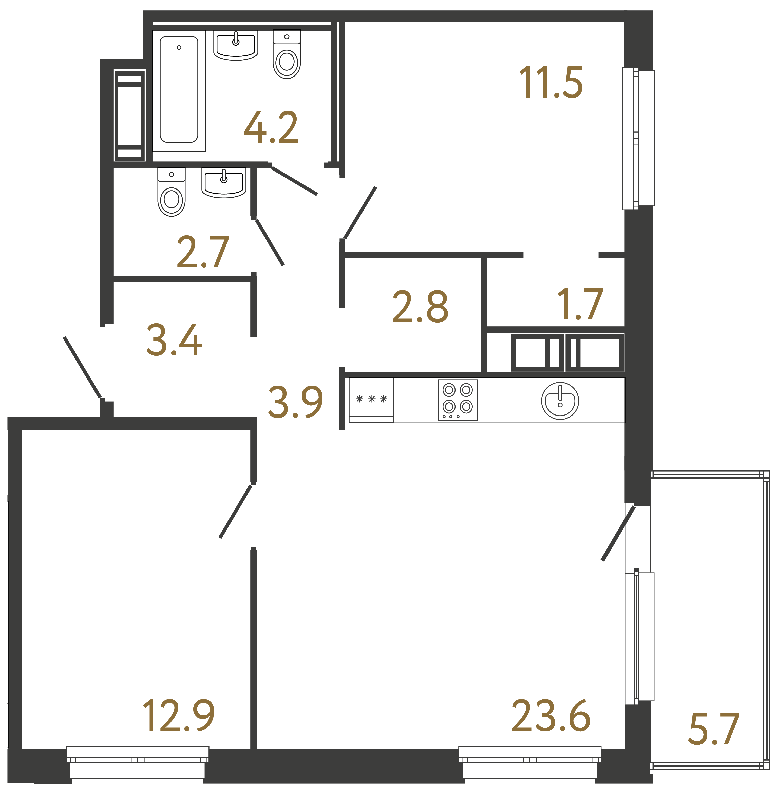 Двухкомнатная квартира 66.7 м²