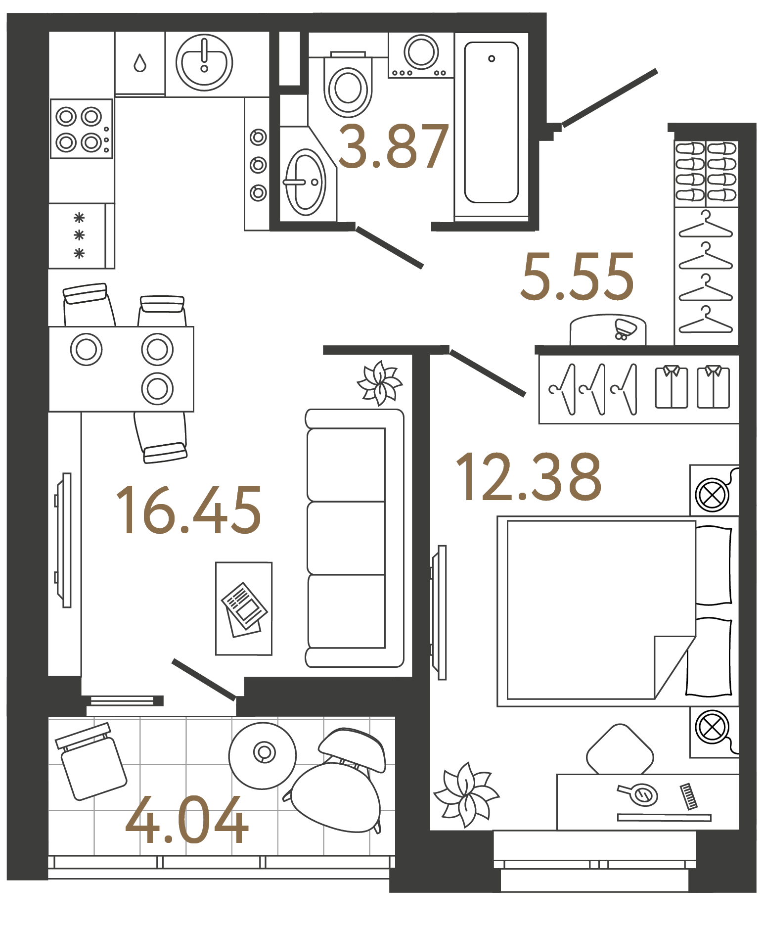 Однокомнатная квартира 38.25 м²