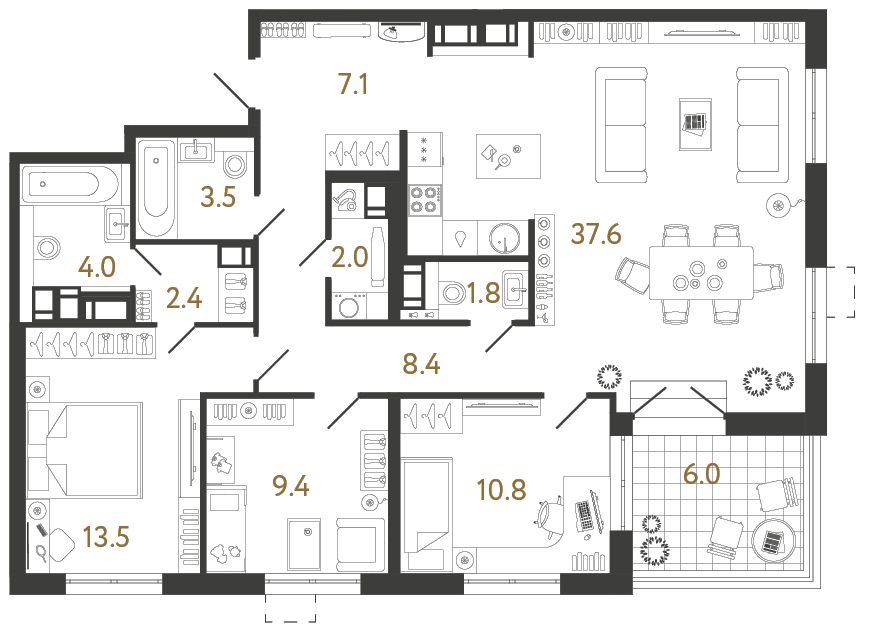 Трёхкомнатная квартира 100.5 м²