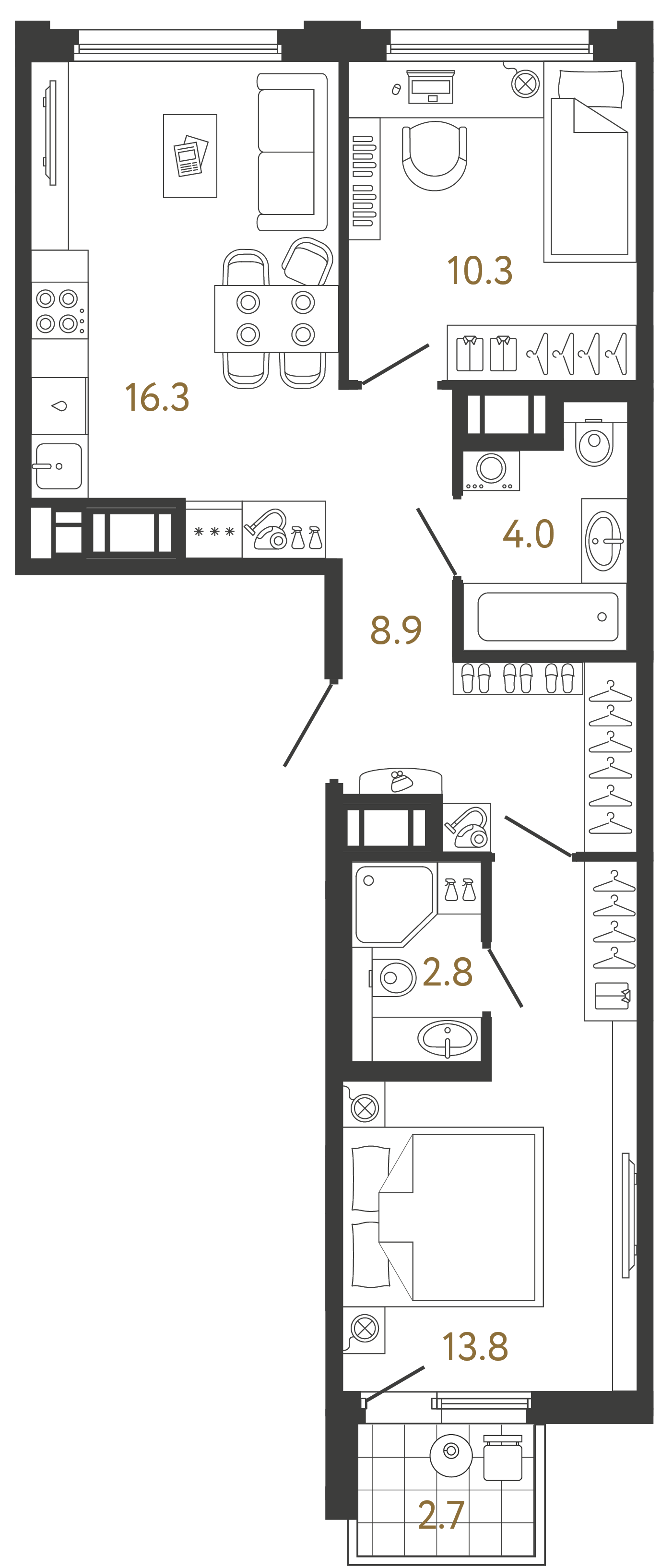 Двухкомнатная квартира 56.1 м²
