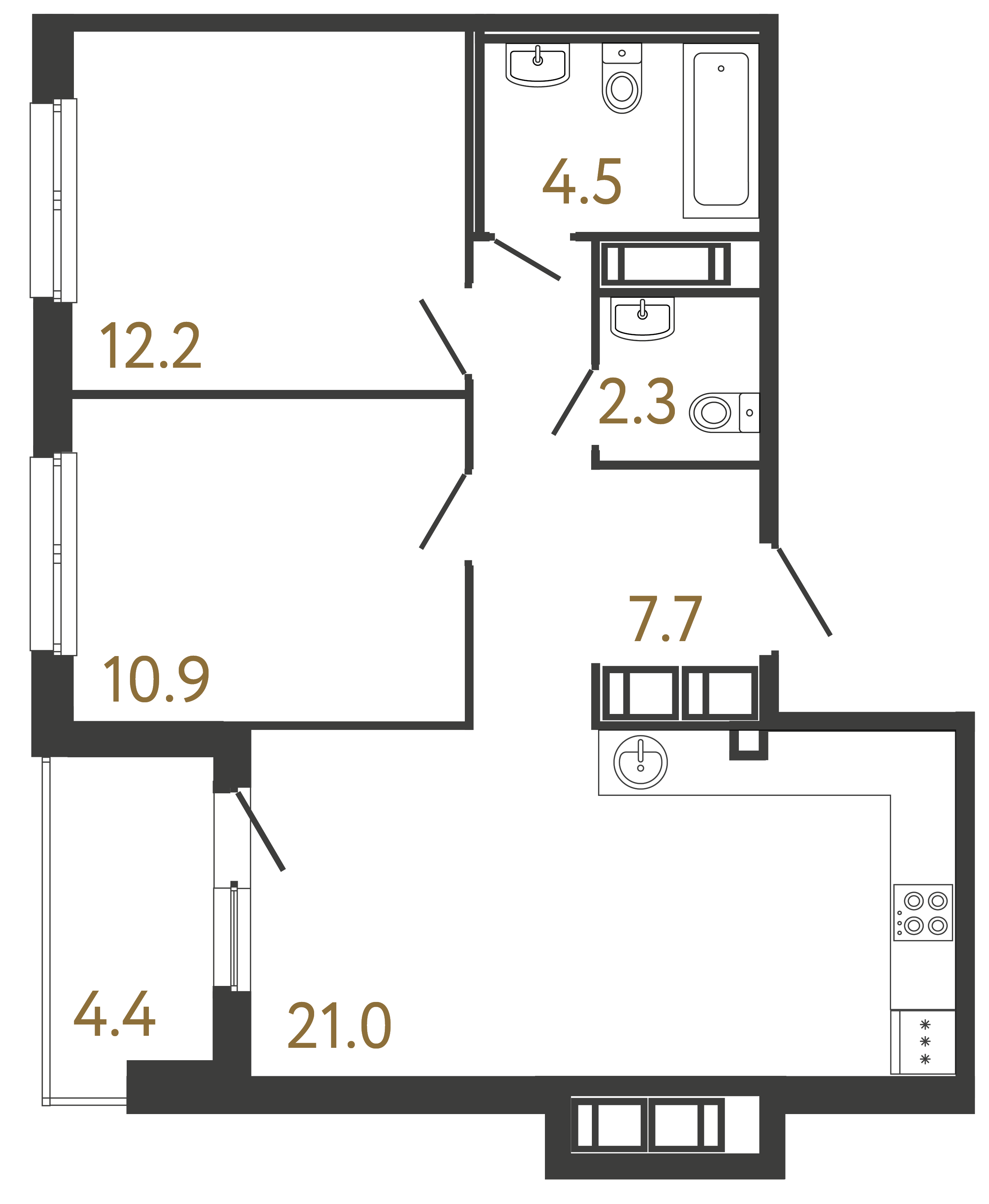 Двухкомнатная квартира 58.6 м²