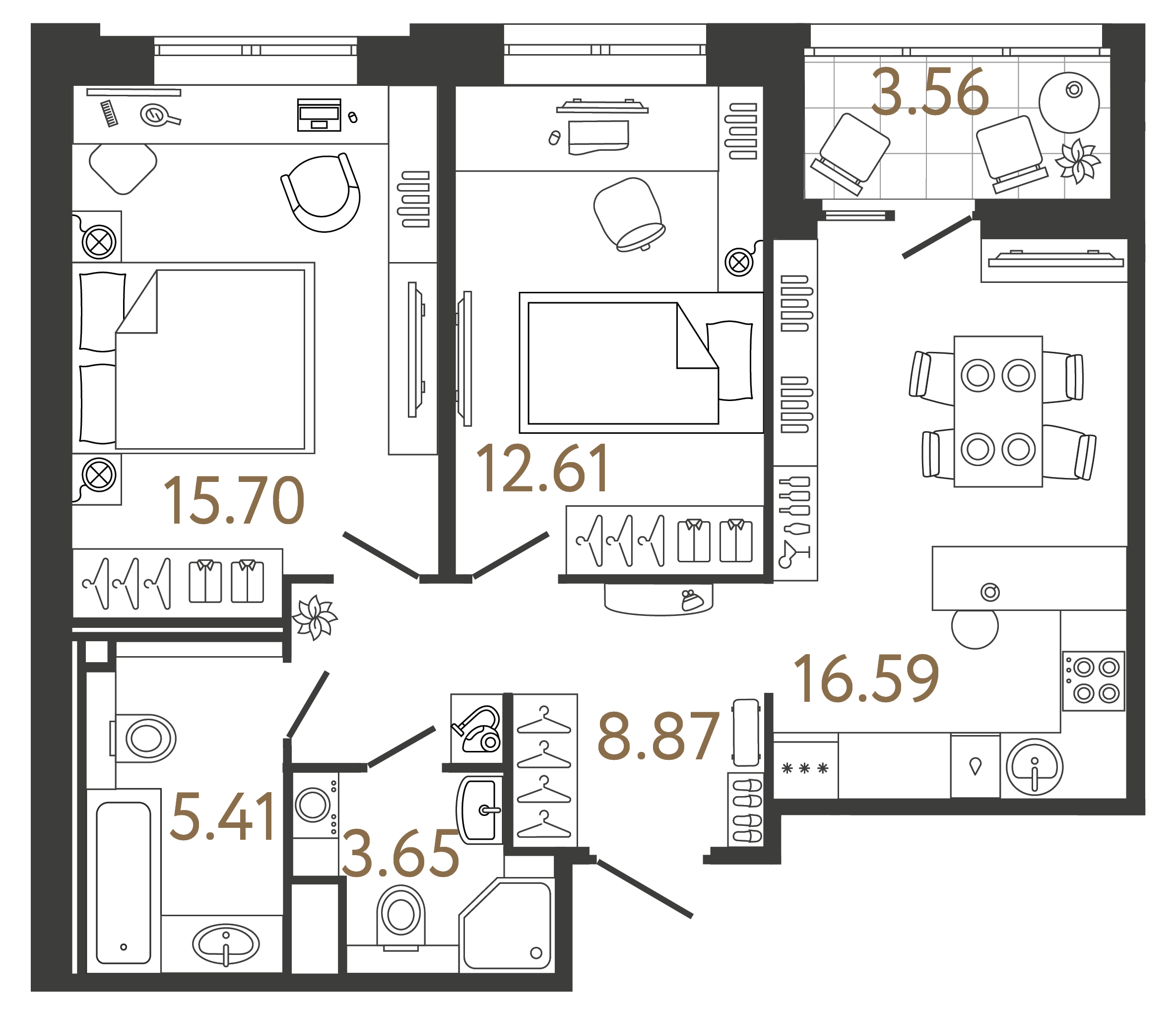 Двухкомнатная квартира 62.83 м²