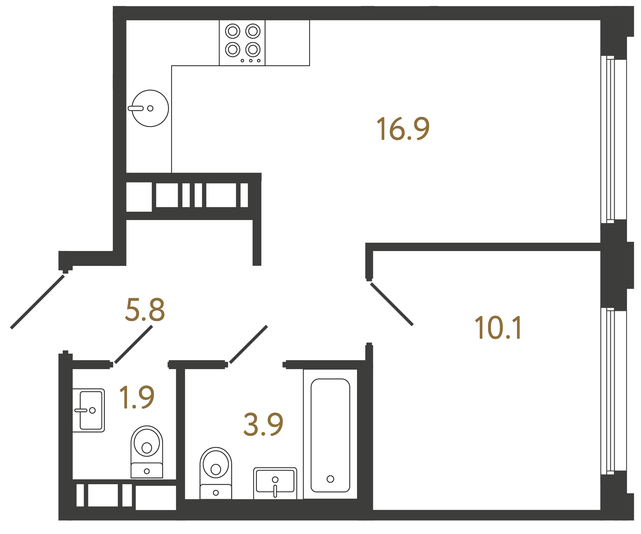 Однокомнатная квартира 38.6 м²