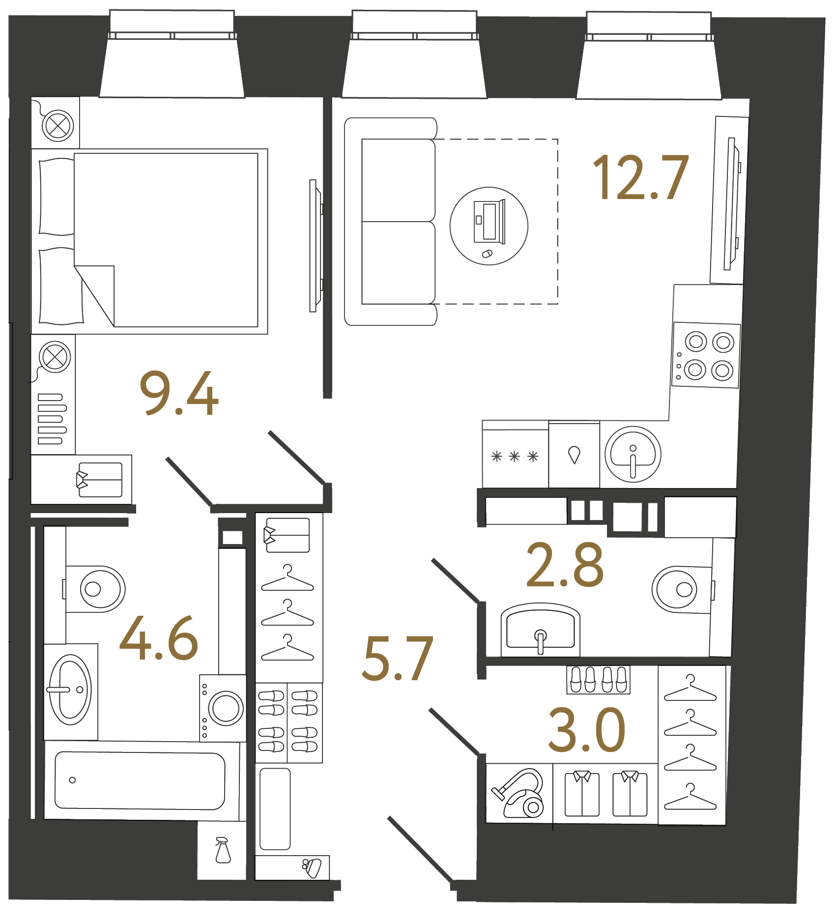 Однокомнатные апартаменты 38.2 м²