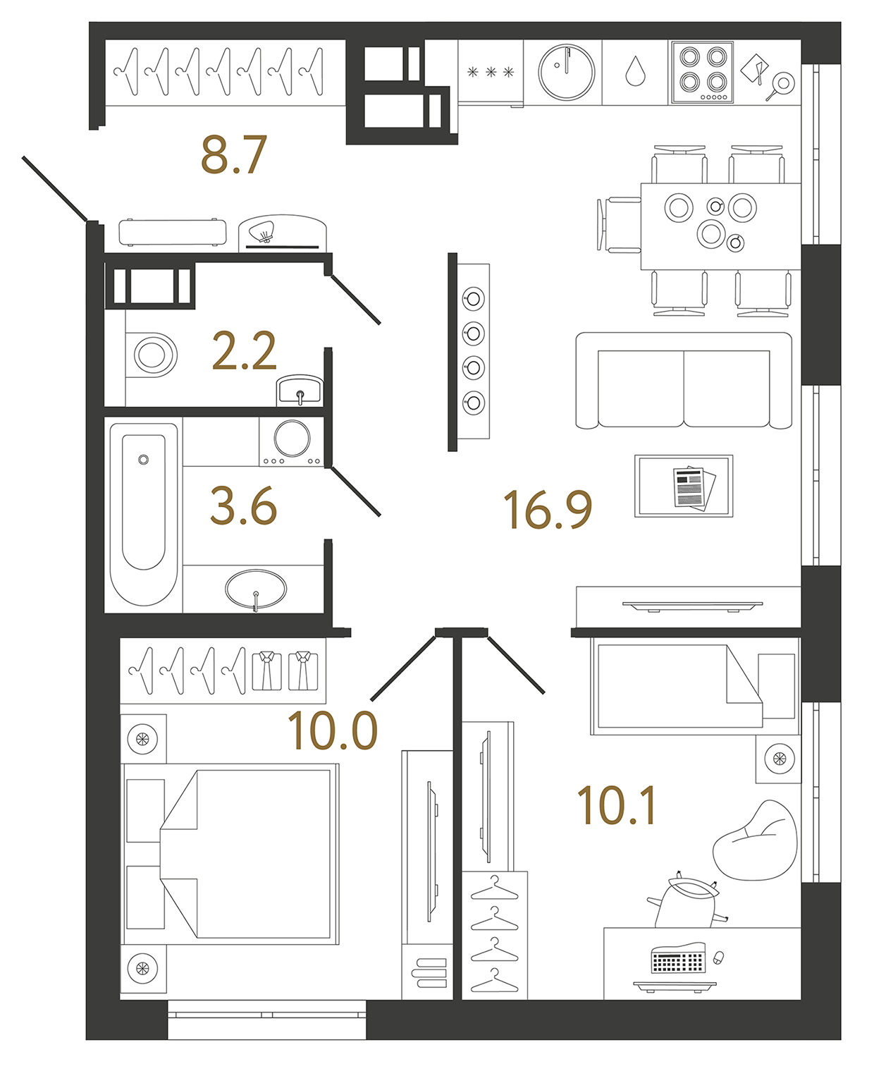 Двухкомнатная квартира 51.5 м²