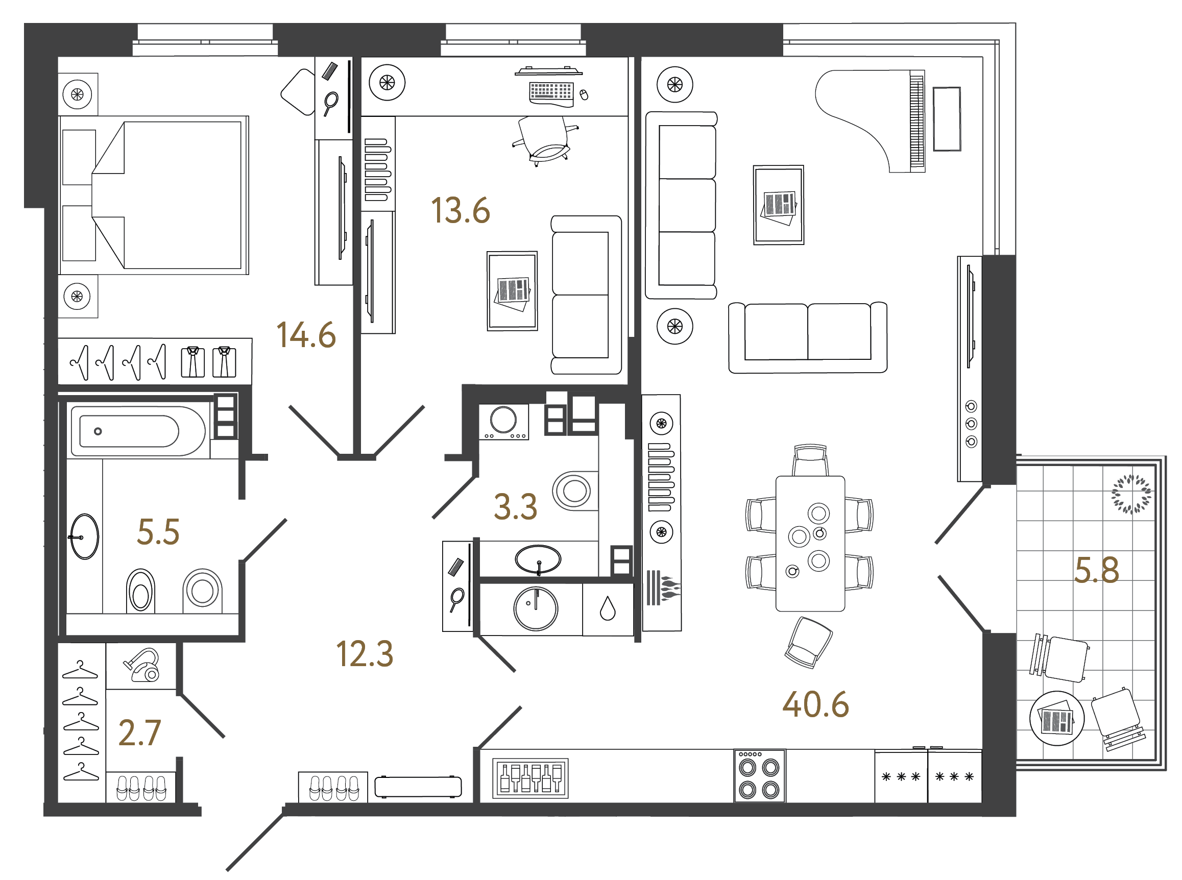 Двухкомнатный номер 92.6 м²