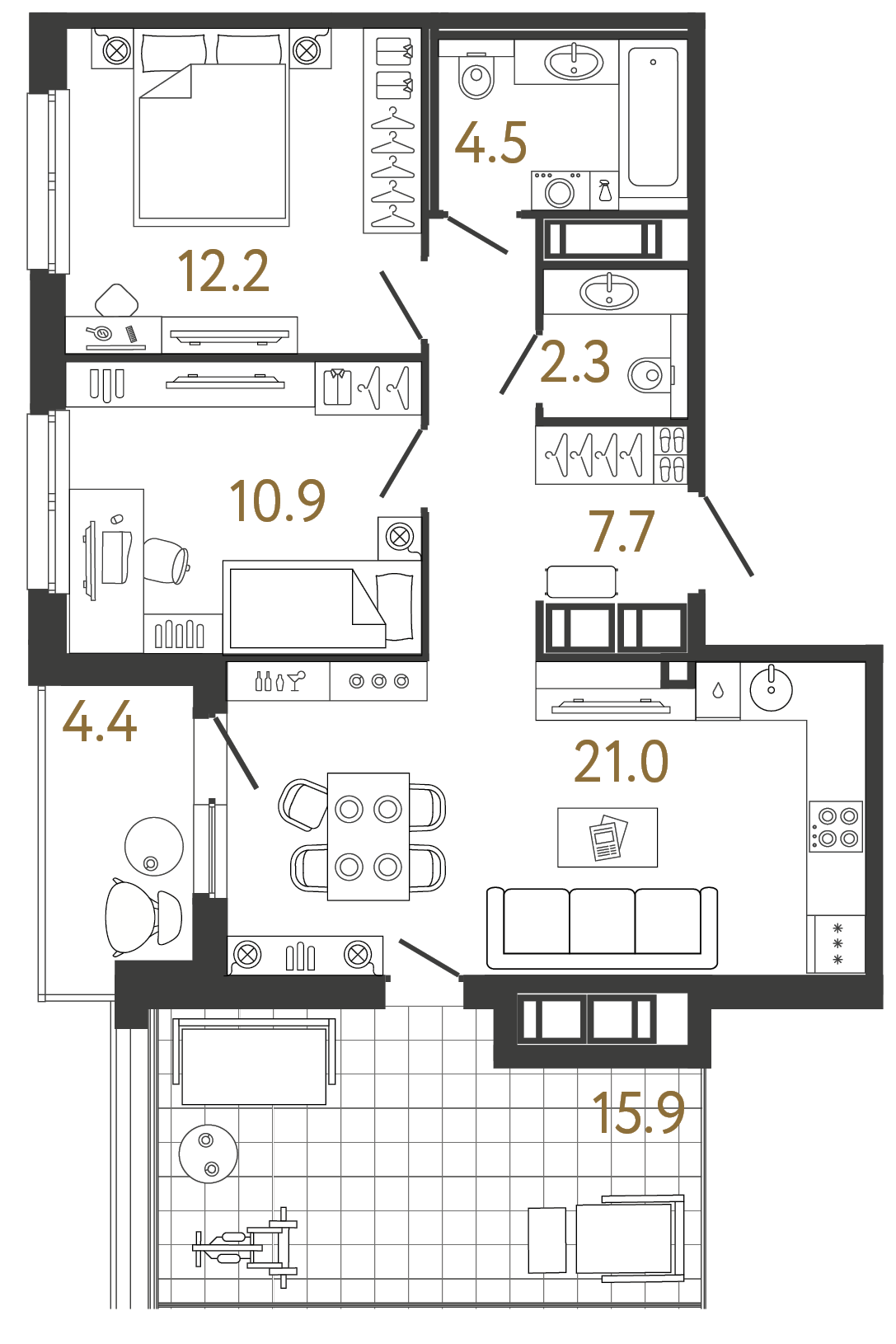 Двухкомнатная квартира 58.6 м²