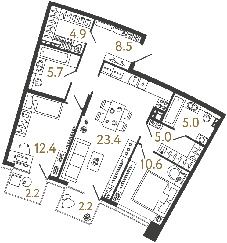 Двухкомнатная квартира 75.5 м²