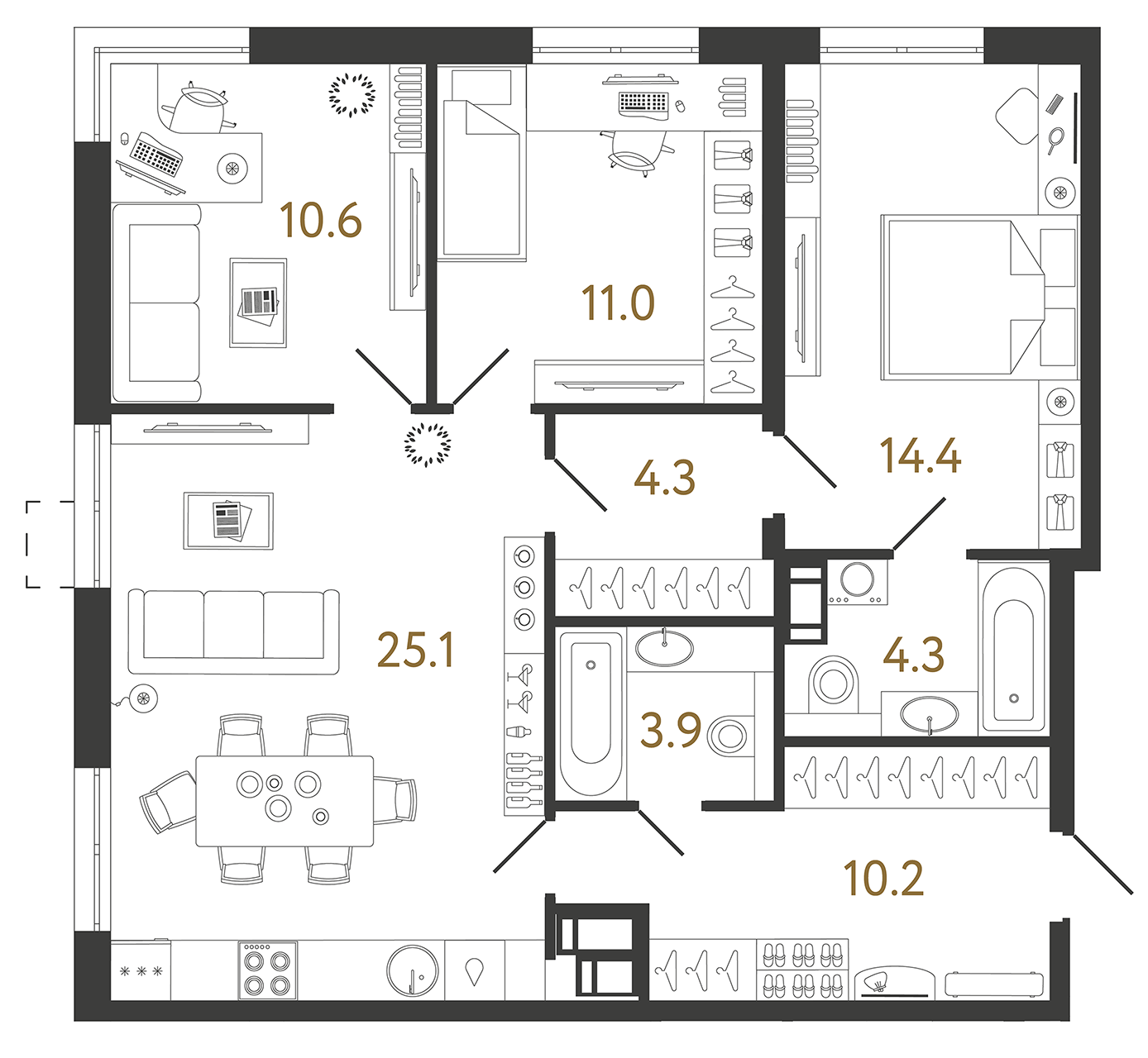 Трёхкомнатная квартира 83.8 м²
