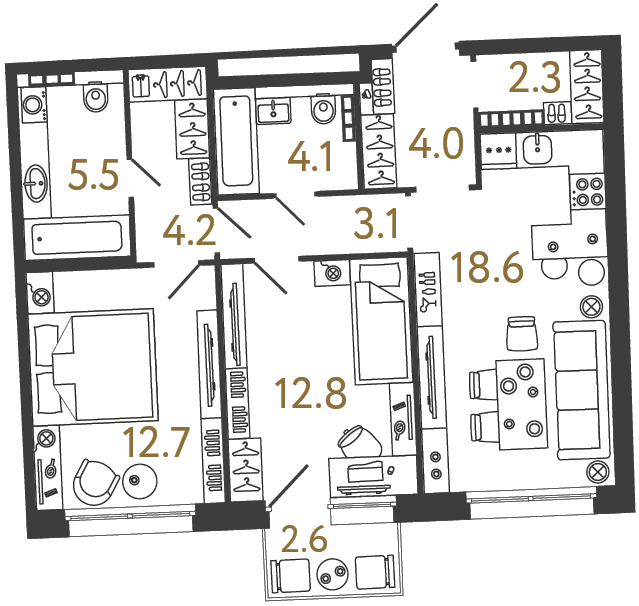 Двухкомнатная квартира №45 в ЖК Цвет Зеленогорска - 67.3 м²