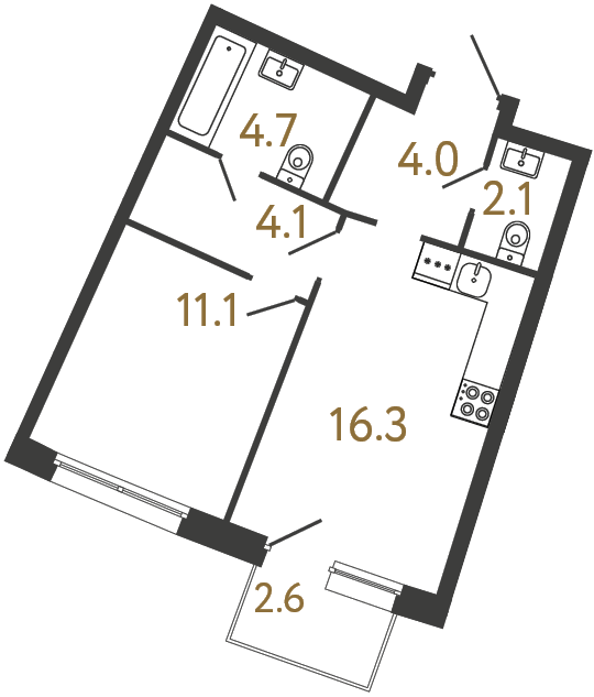 Однокомнатная квартира №79 в ЖК Цвет Зеленогорска - 42.3 м²  - №2