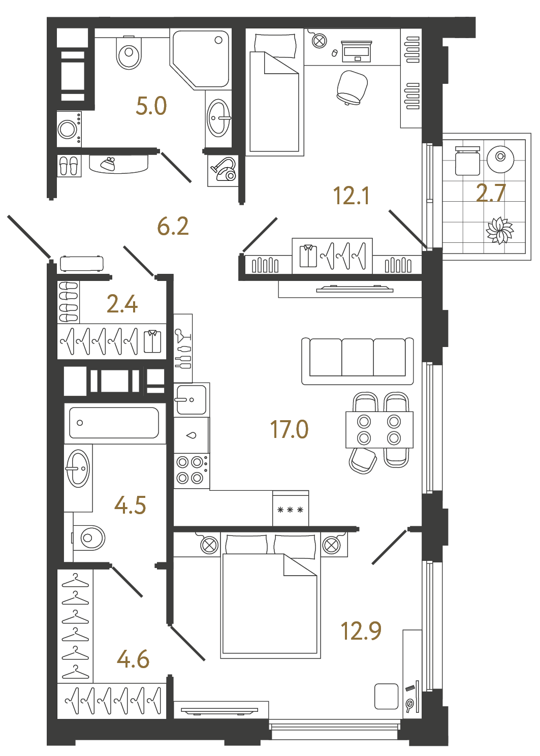 Двухкомнатная квартира 64.7 м²