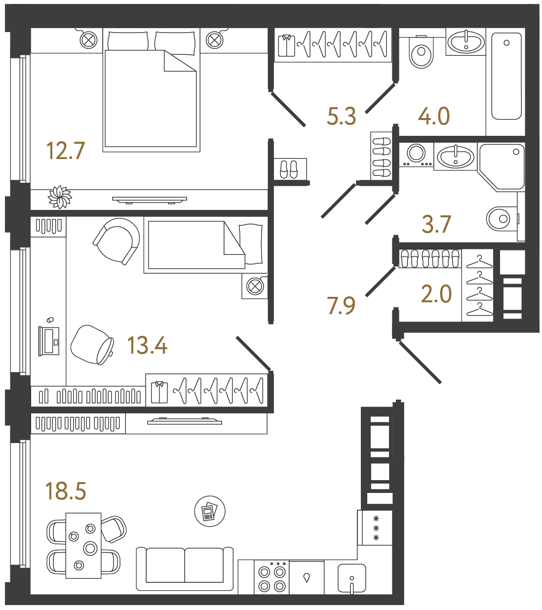 Двухкомнатная квартира 67.5 м²