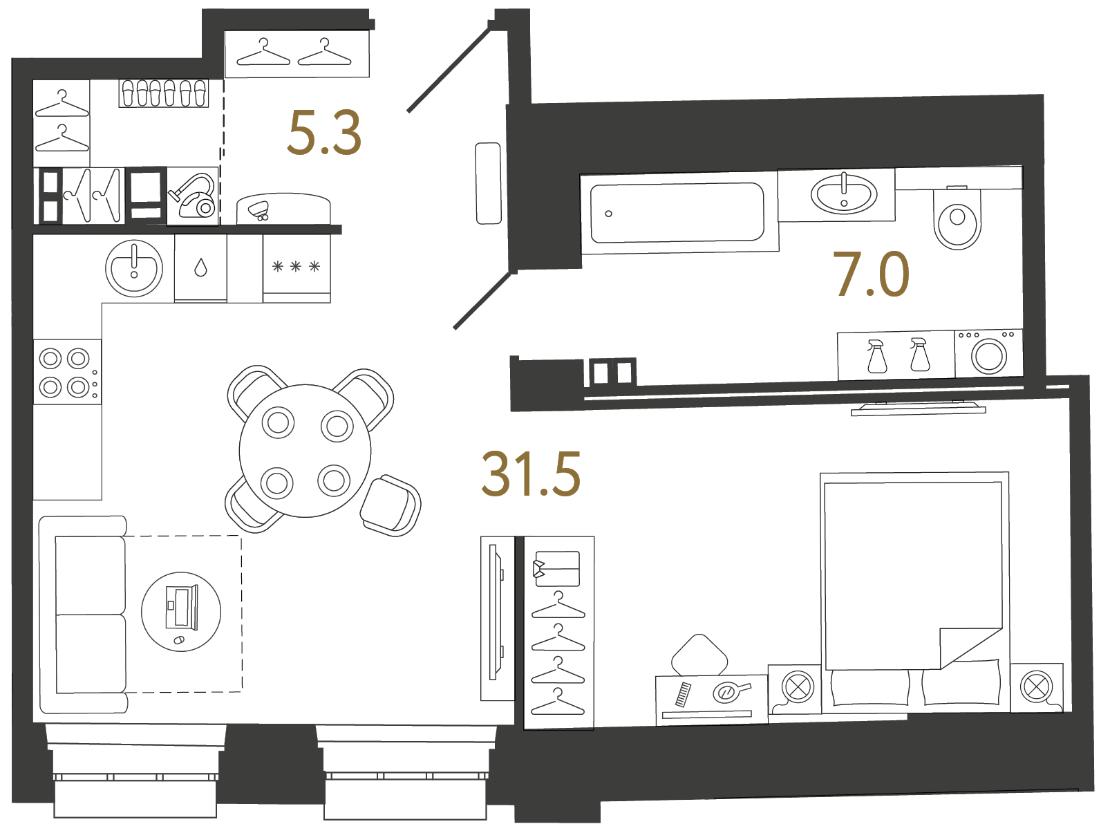 Студия 43.8 м²