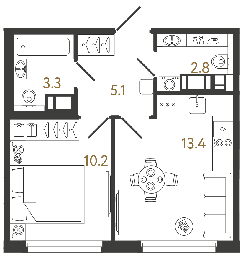 Однокомнатная квартира 34.8 м²