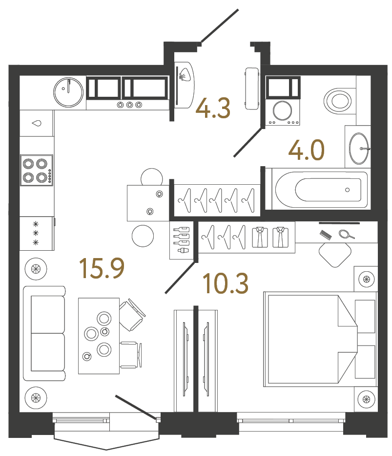 Однокомнатная квартира 34.5 м²