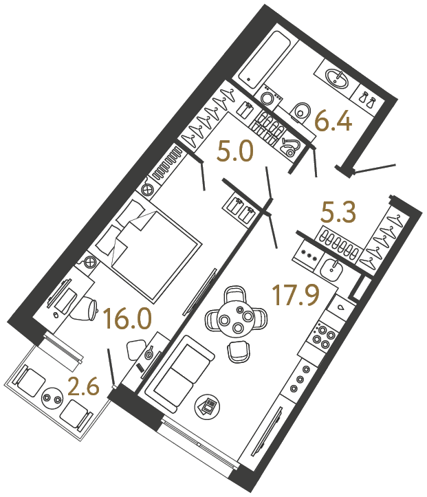 Однокомнатная квартира 50.6 м²