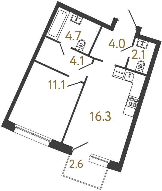 Однокомнатная квартира №79 в ЖК Цвет Зеленогорска - 42.3 м²  - №2