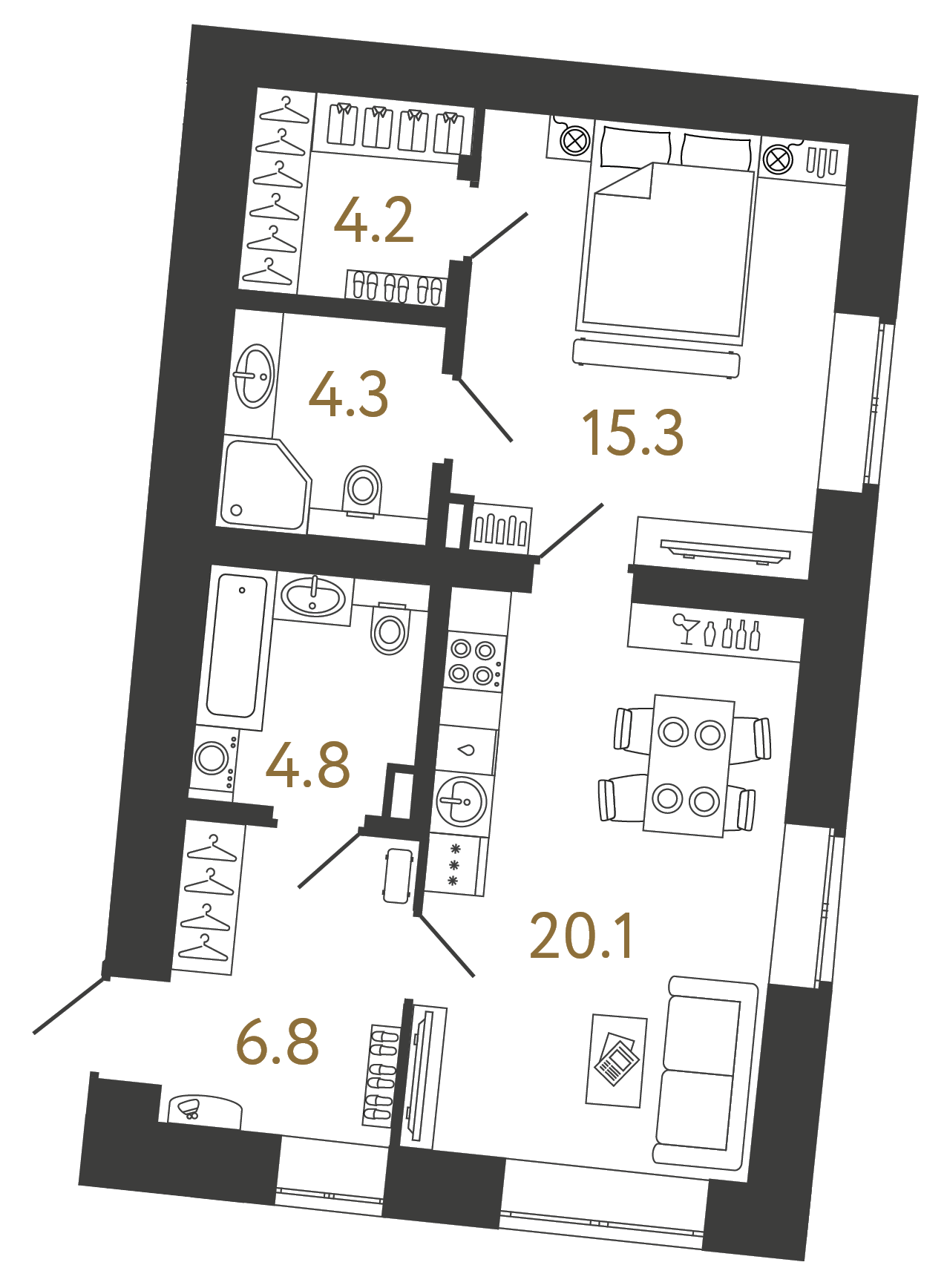 Однокомнатные апартаменты 55.5 м²