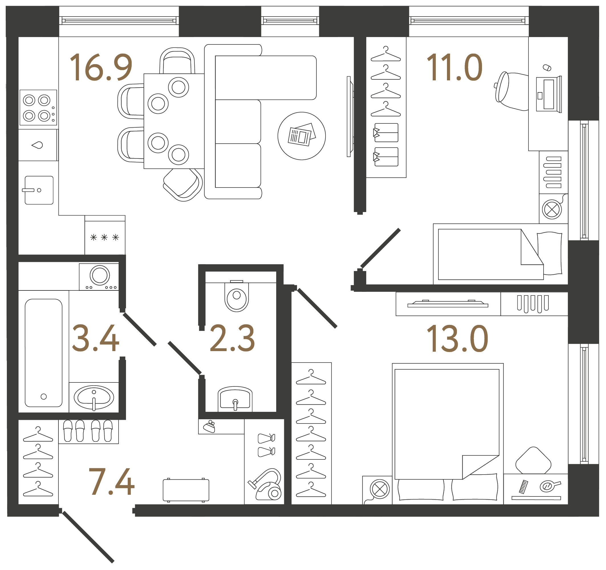 Двухкомнатная квартира 54 м²