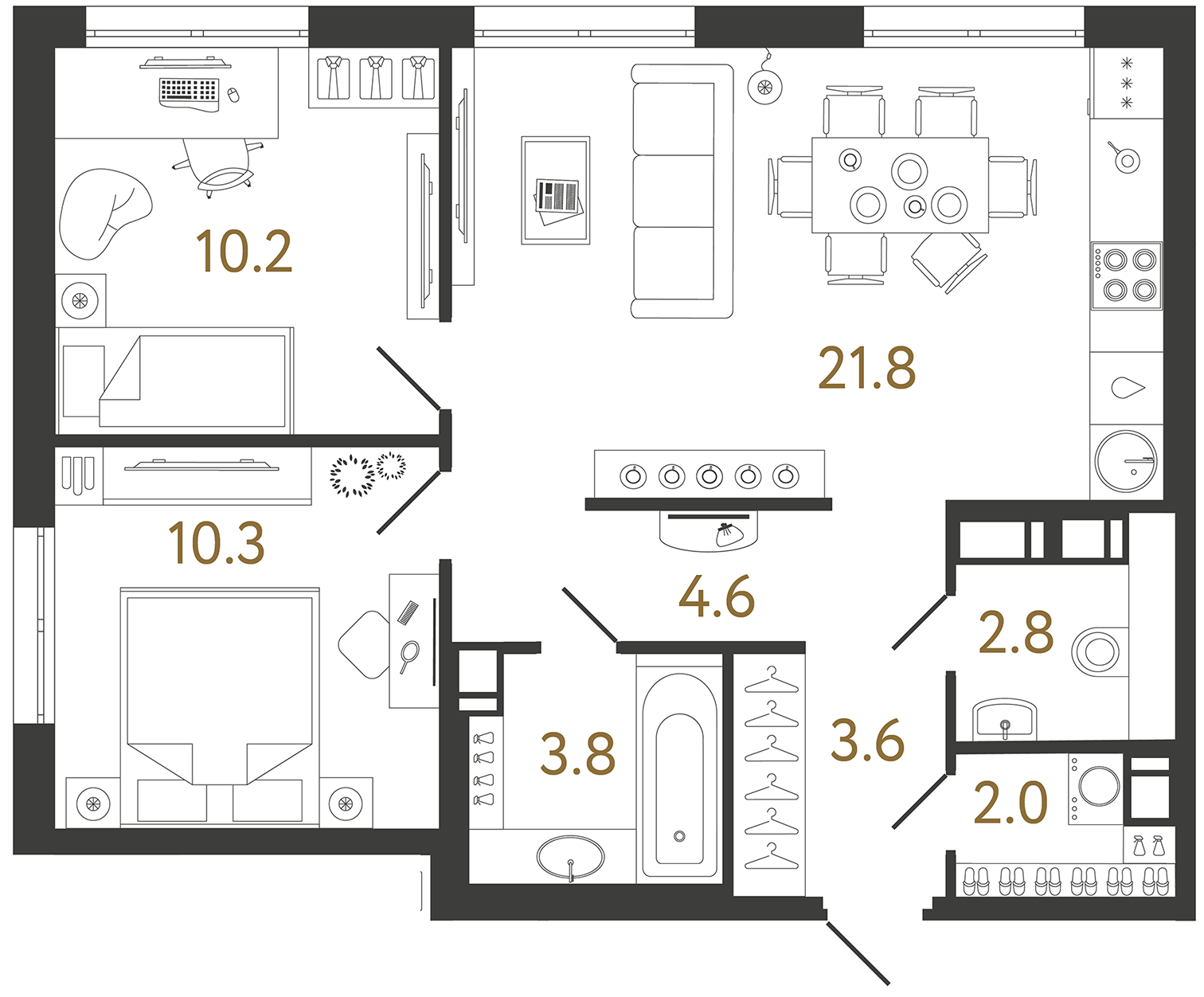 Двухкомнатная квартира 59.1 м²