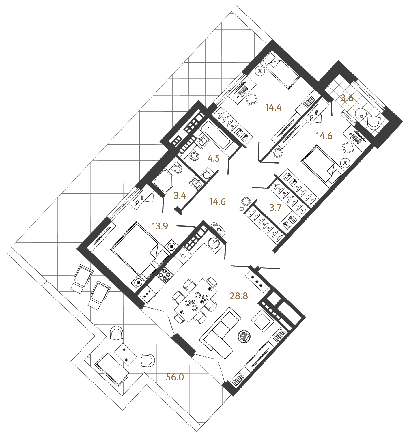 Трёхкомнатная квартира 97.9 м²