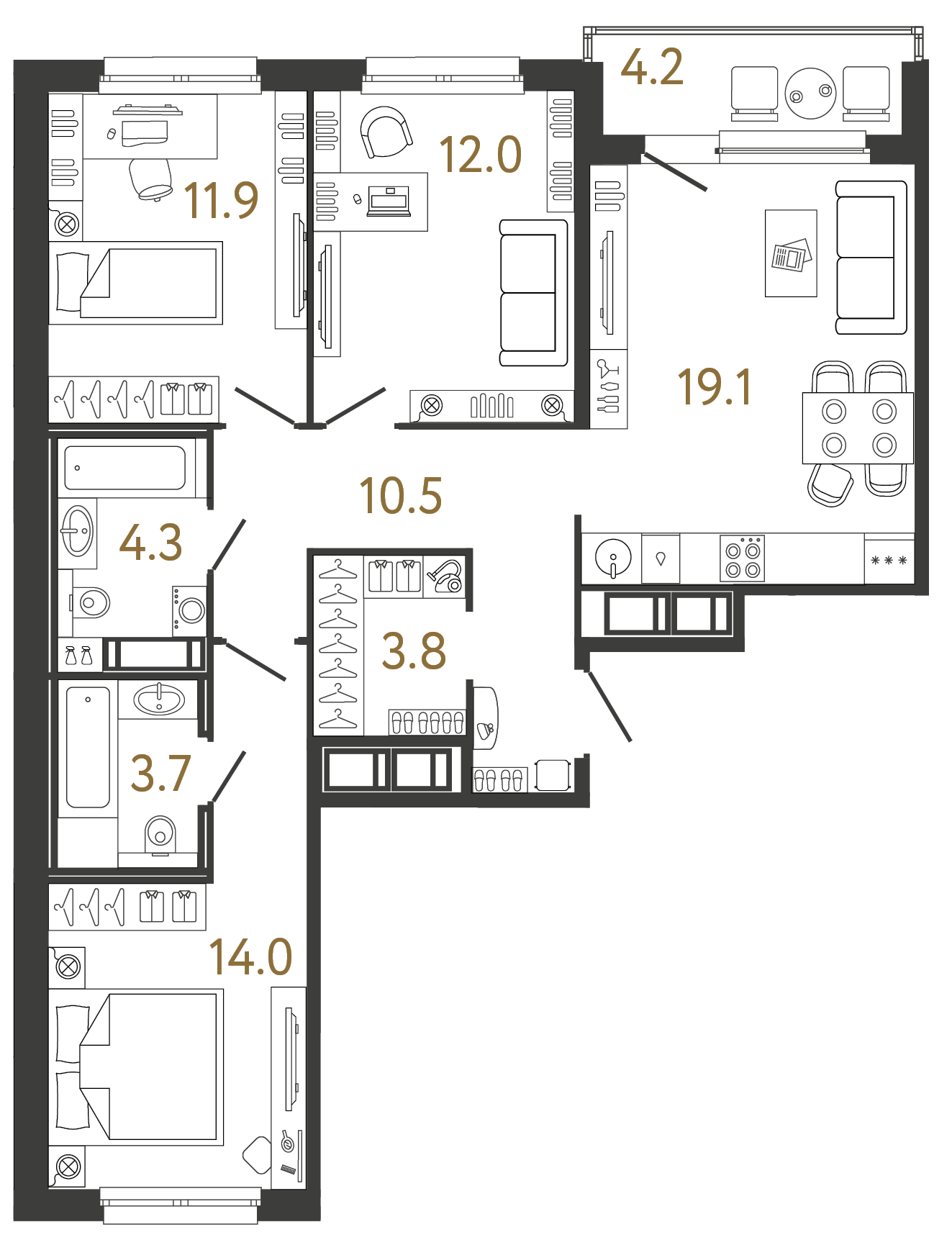 Трёхкомнатная квартира 79.3 м²