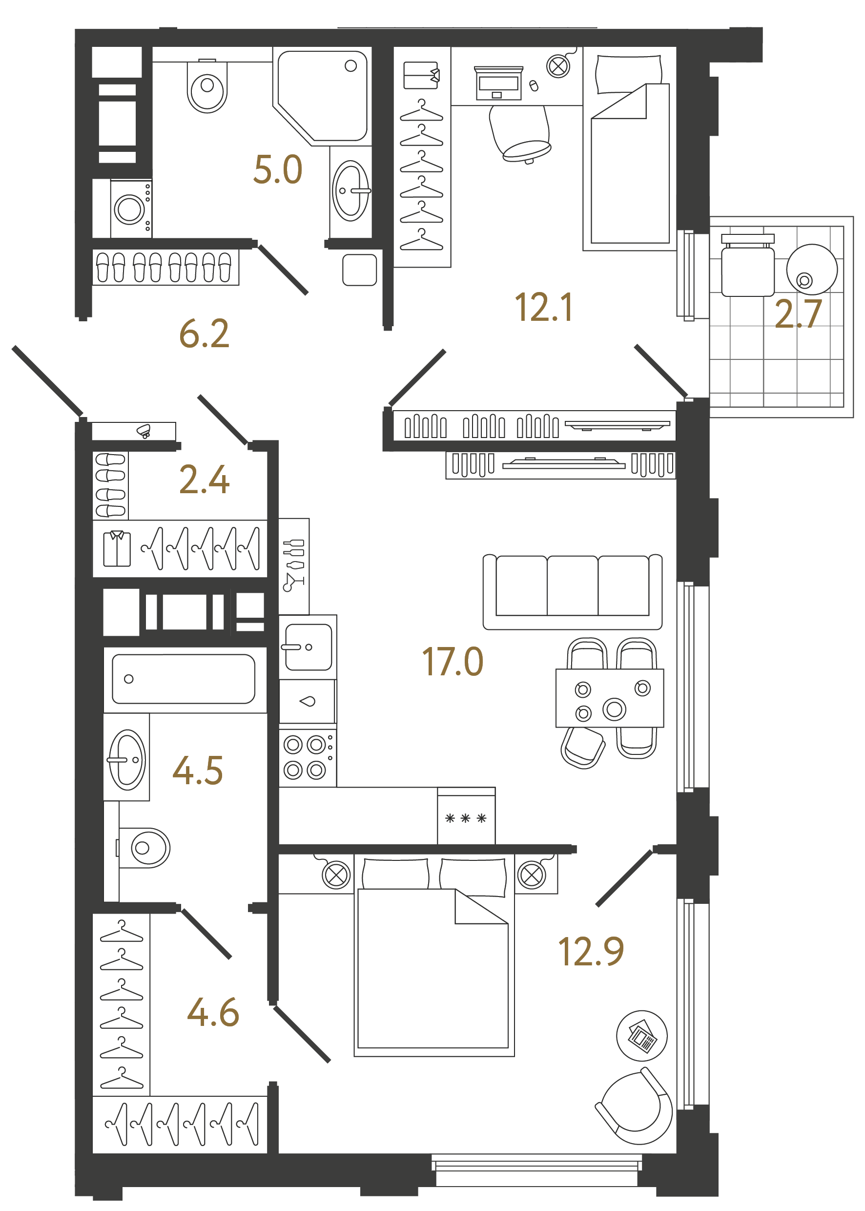 Двухкомнатная квартира 64.7 м²