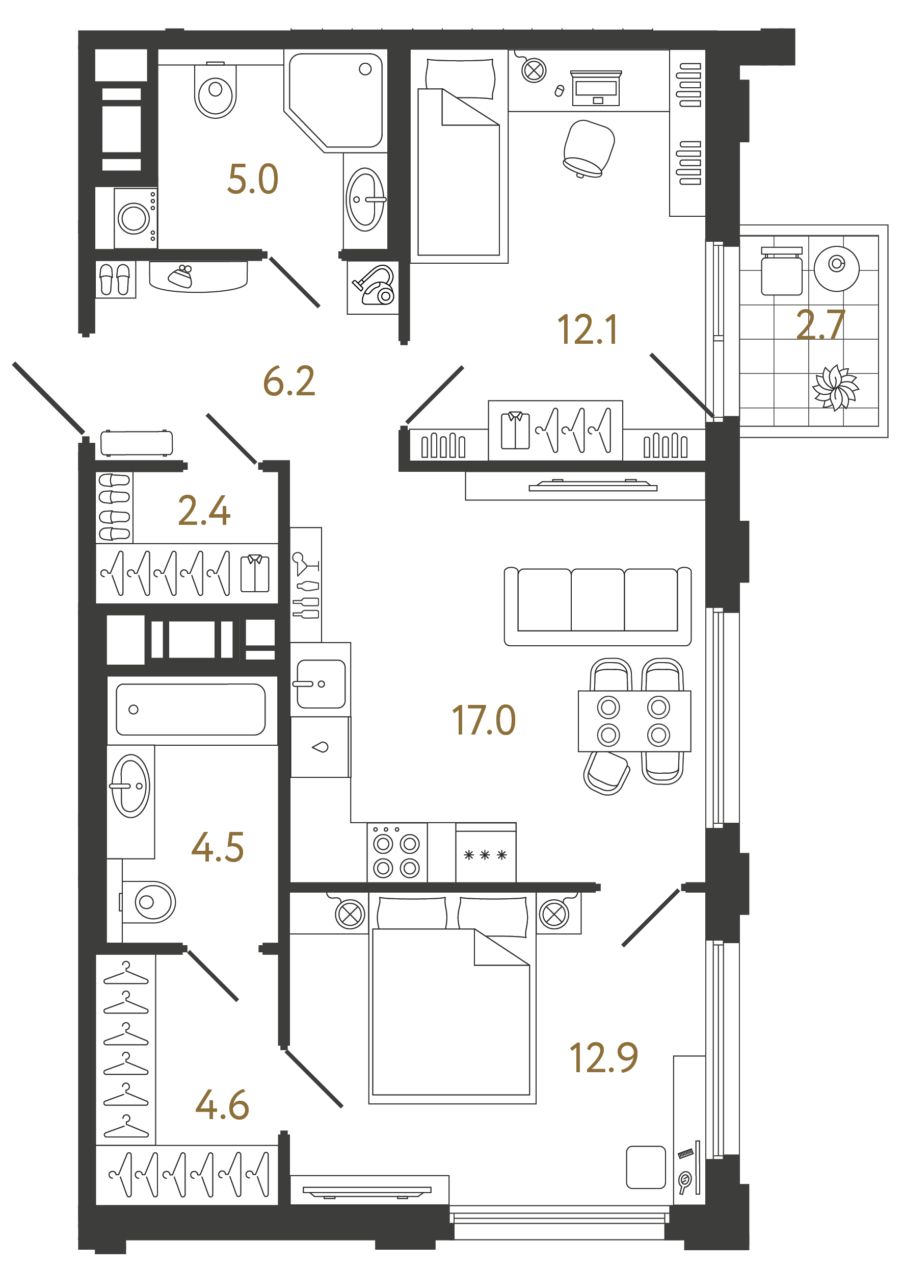 Двухкомнатная квартира 64.7 м²