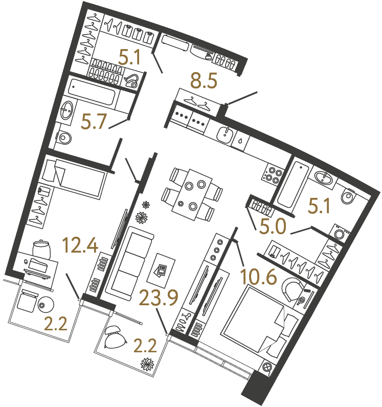 Двухкомнатная квартира 76.3 м²