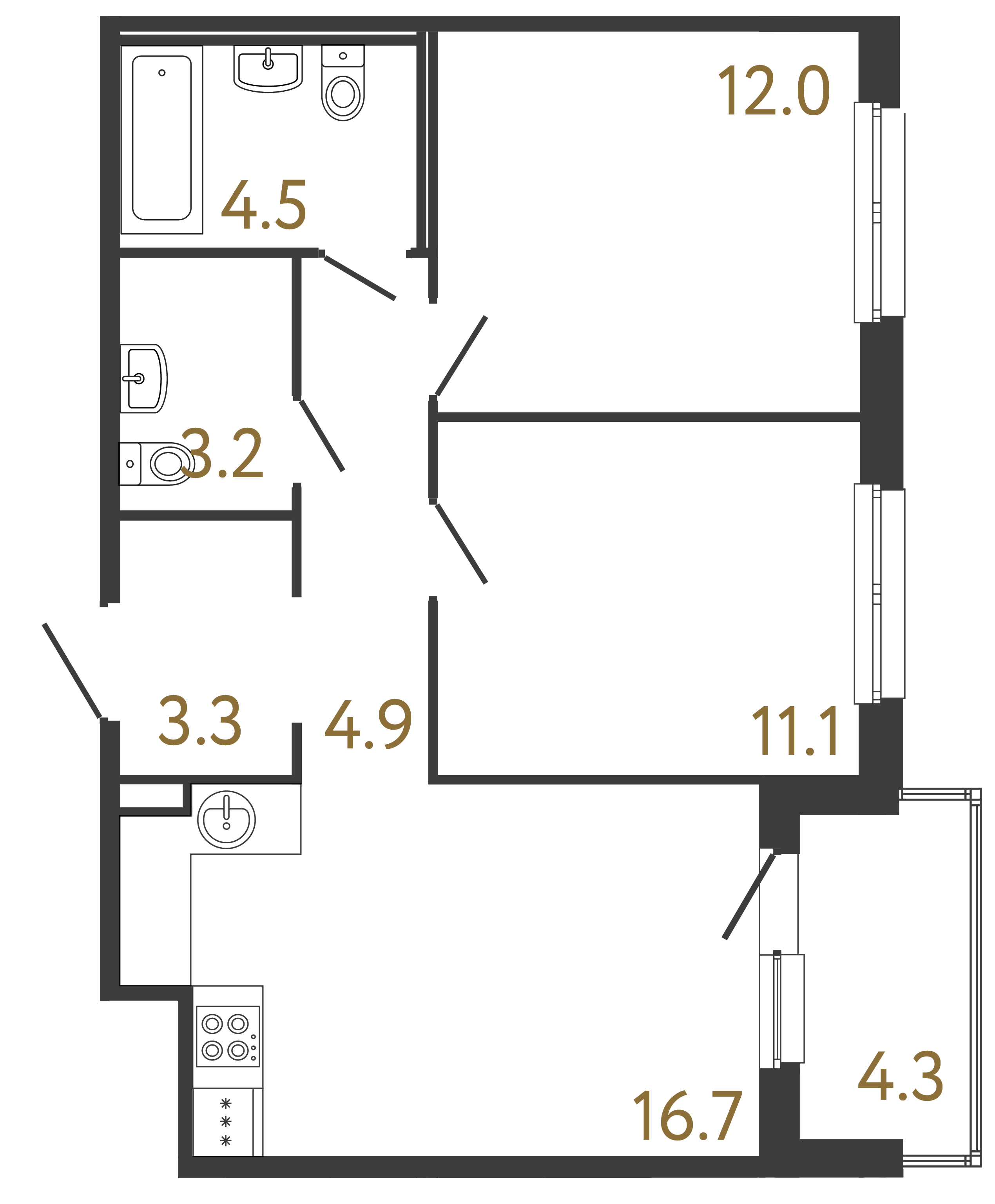 Двухкомнатная квартира 55.7 м²