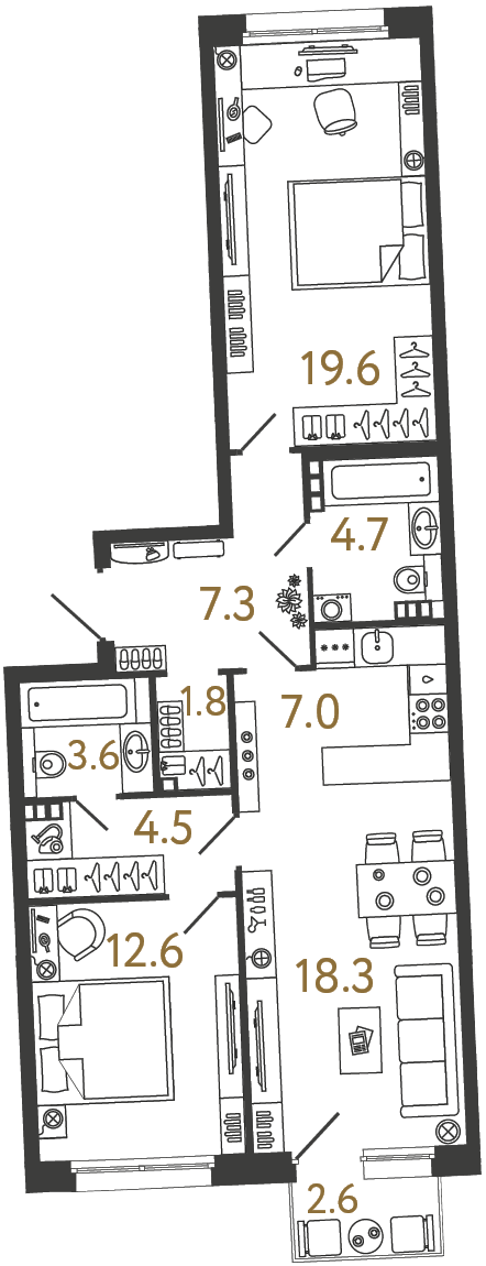 Двухкомнатная квартира 79.4 м²