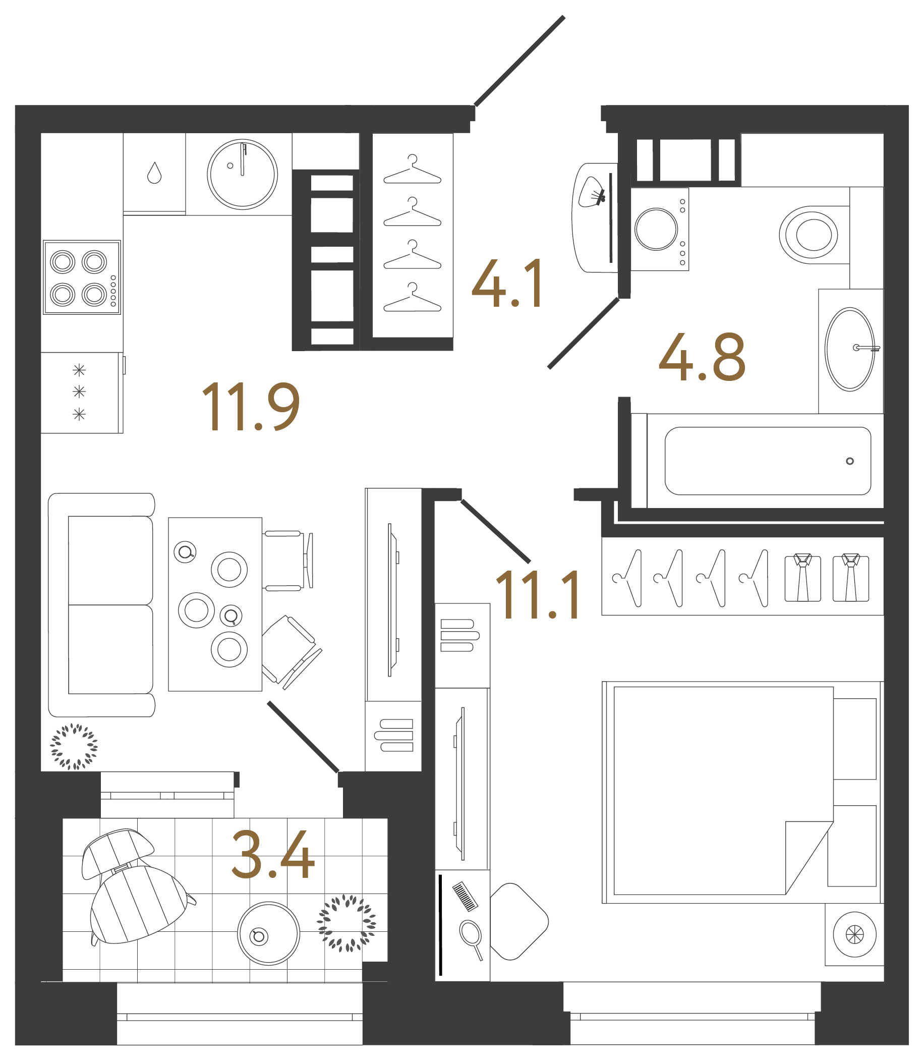 Однокомнатная квартира 31.9 м²