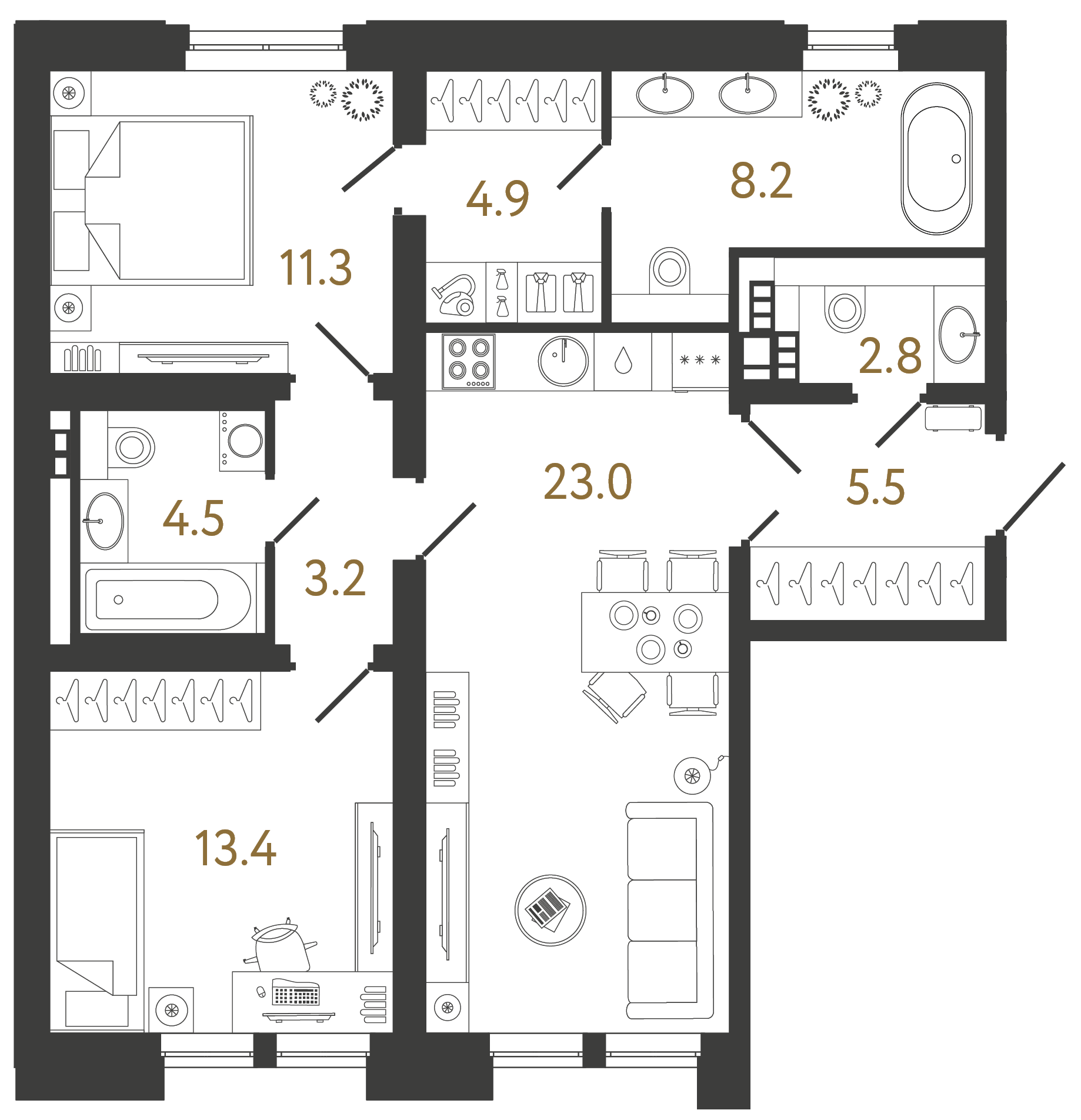 Двухкомнатная квартира 76.8 м²