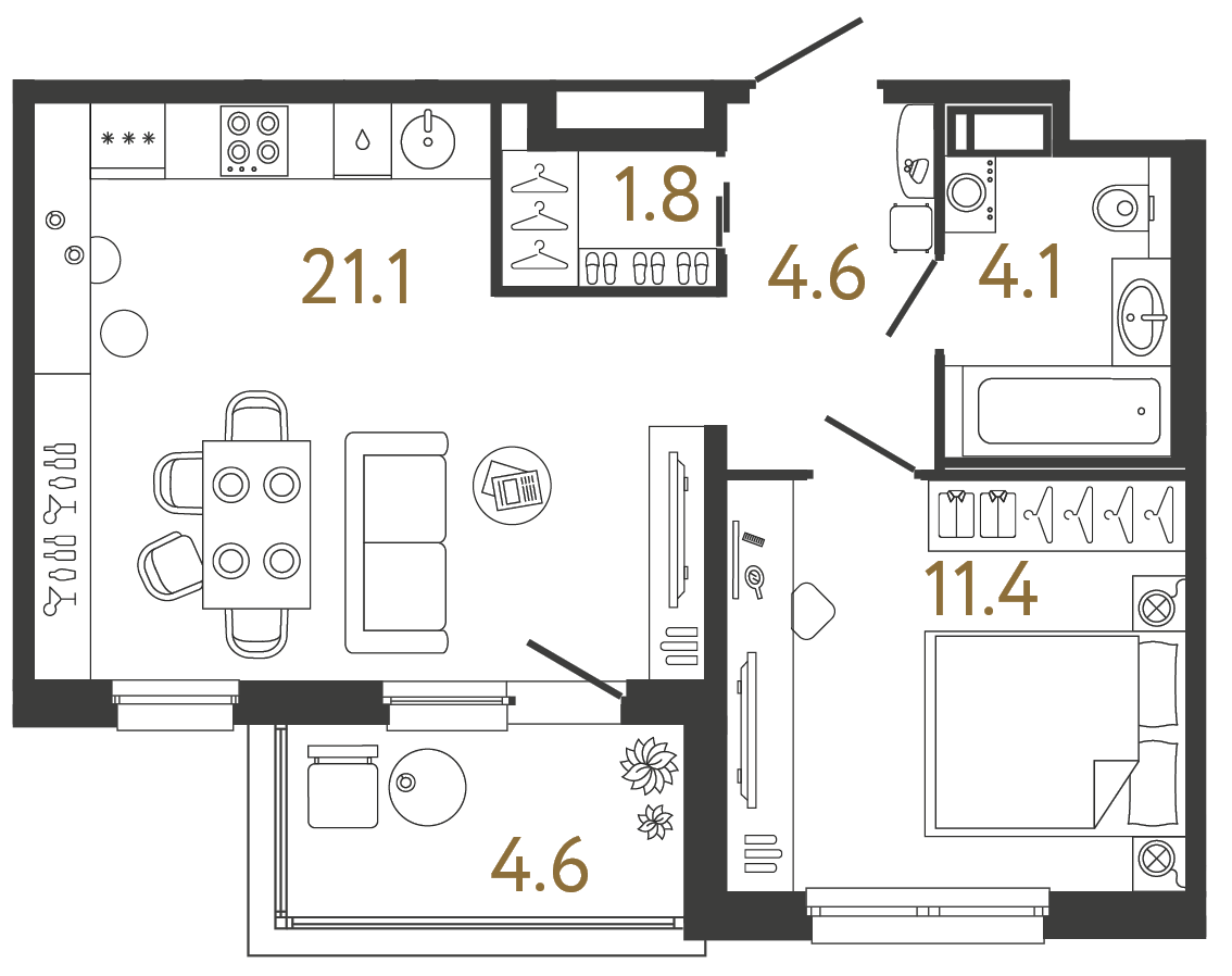 Однокомнатная квартира 43 м²
