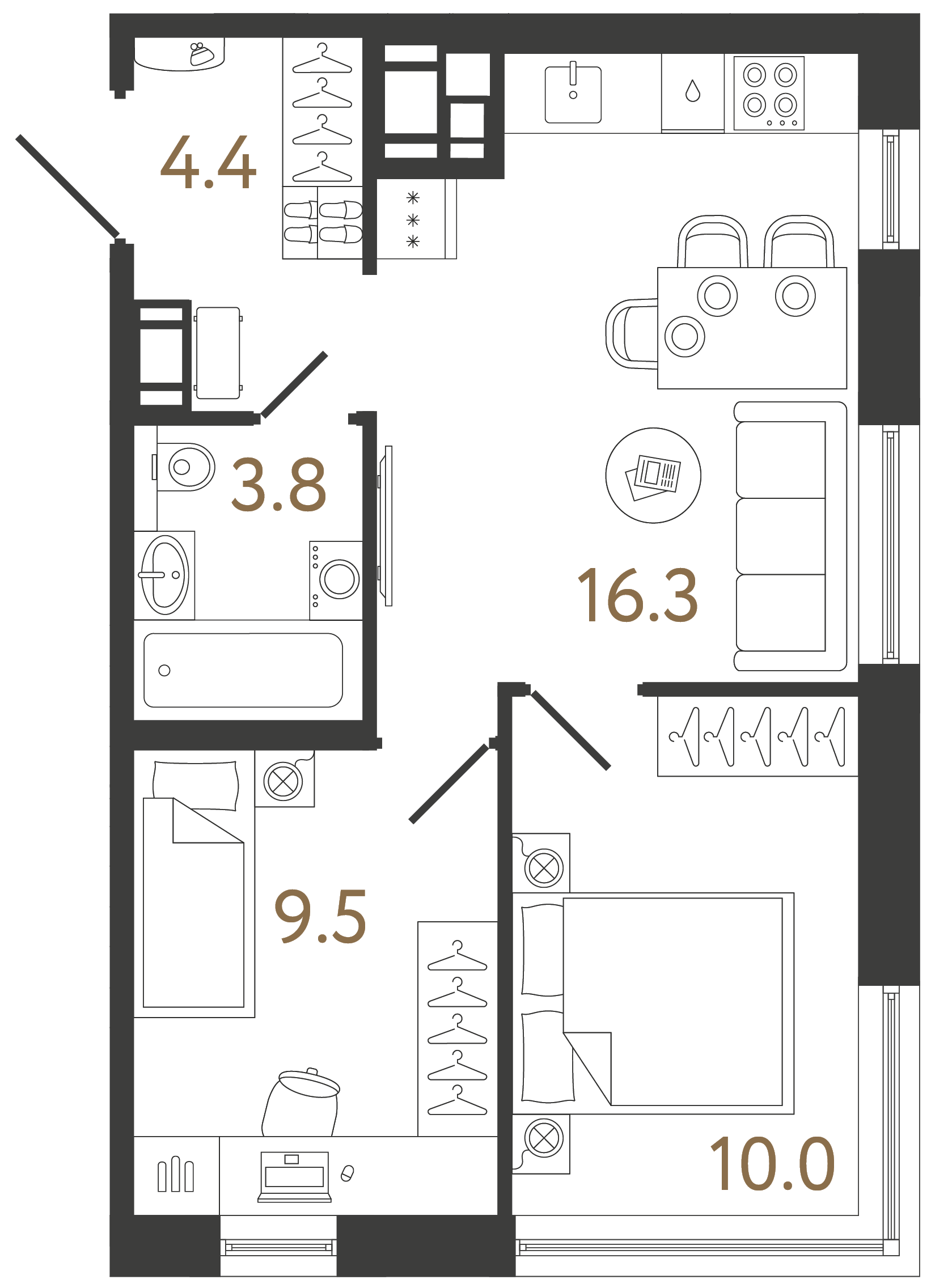 Двухкомнатная квартира 44 м²