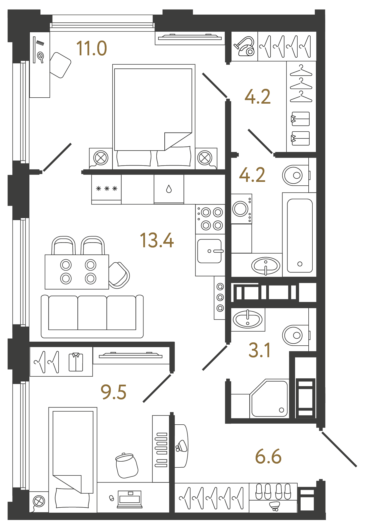 Двухкомнатная квартира 52 м²