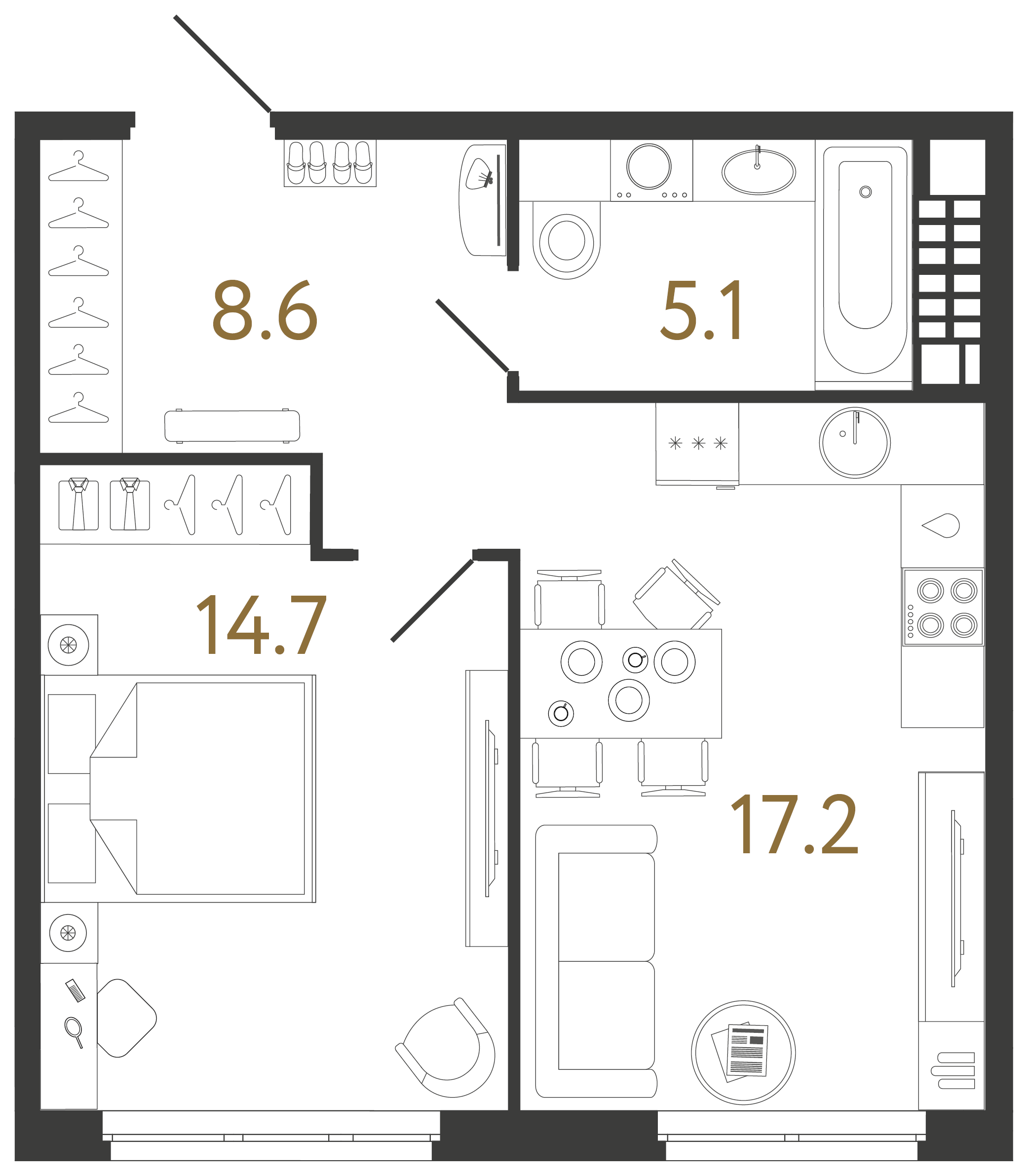 Однокомнатная квартира 45.6 м²