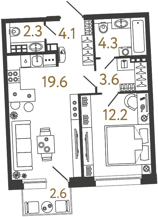 Однокомнатная квартира 46.1 м²