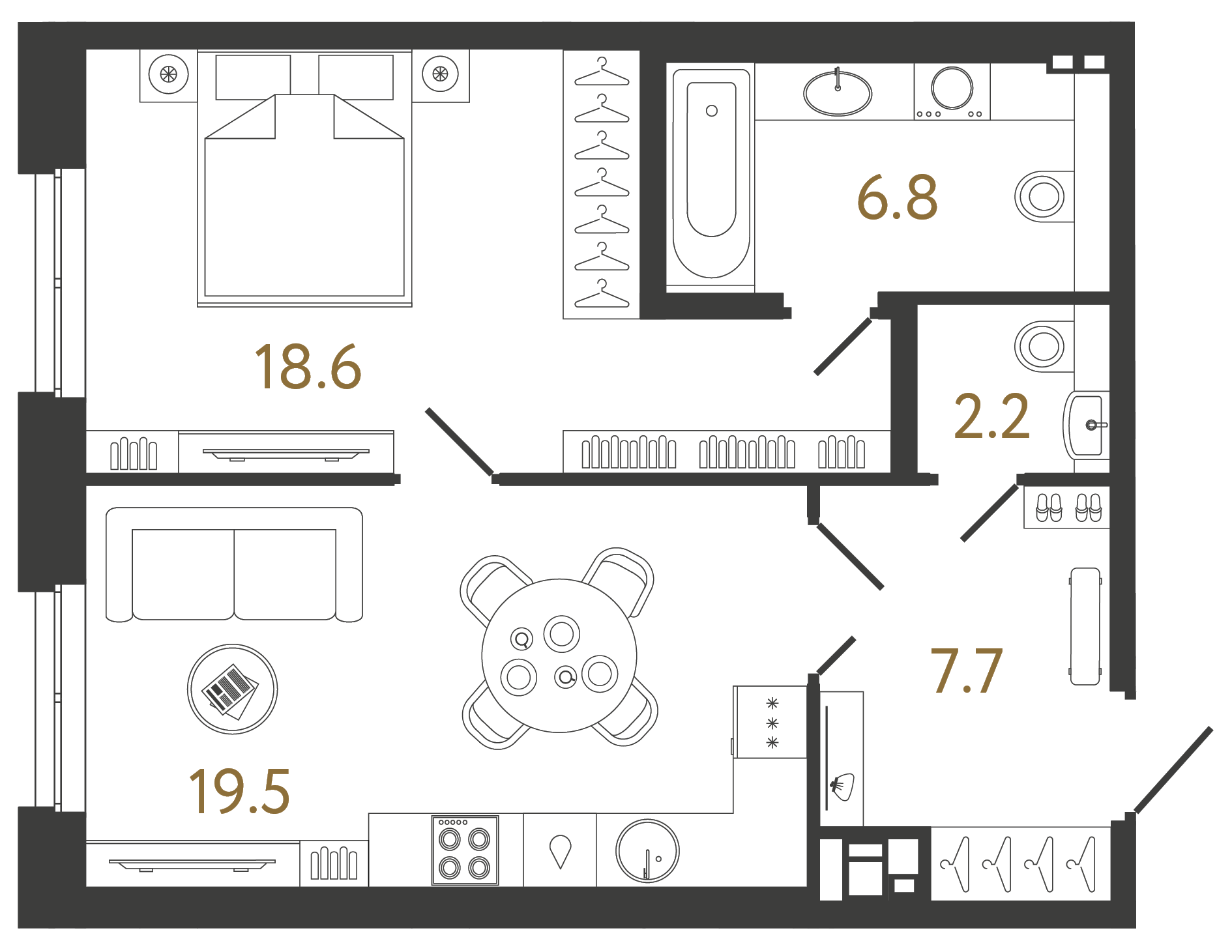 Однокомнатная квартира 54.9 м²